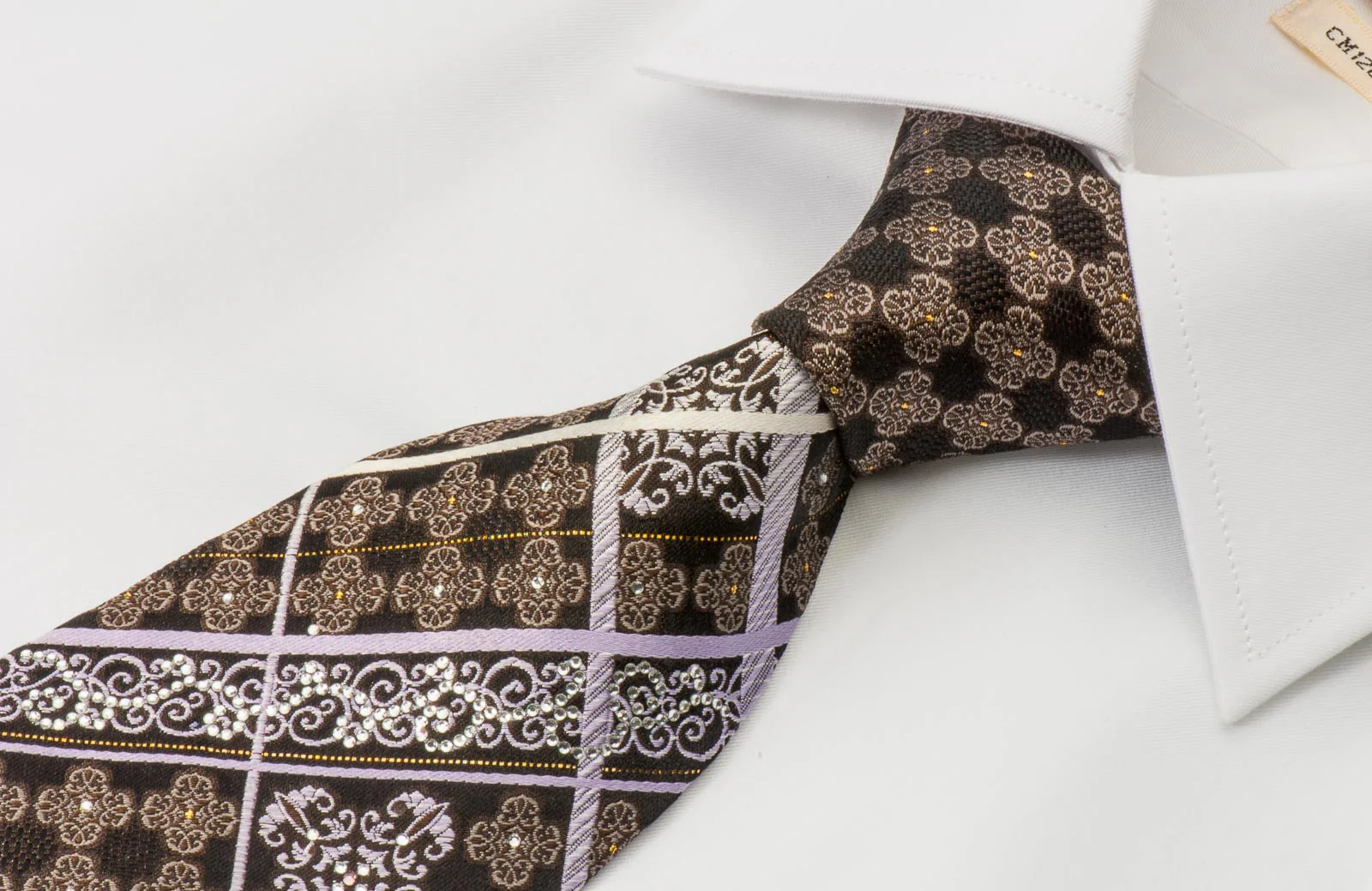 Nicole St Giles Men's Rhinestone Silk Tie Silver Stripes & Damask On Brown With Silver Sparkles - Image 3