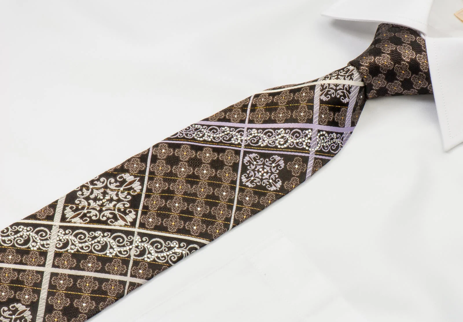 Nicole St Giles Men's Rhinestone Silk Tie Silver Stripes & Damask On Brown With Silver Sparkles - Image 4