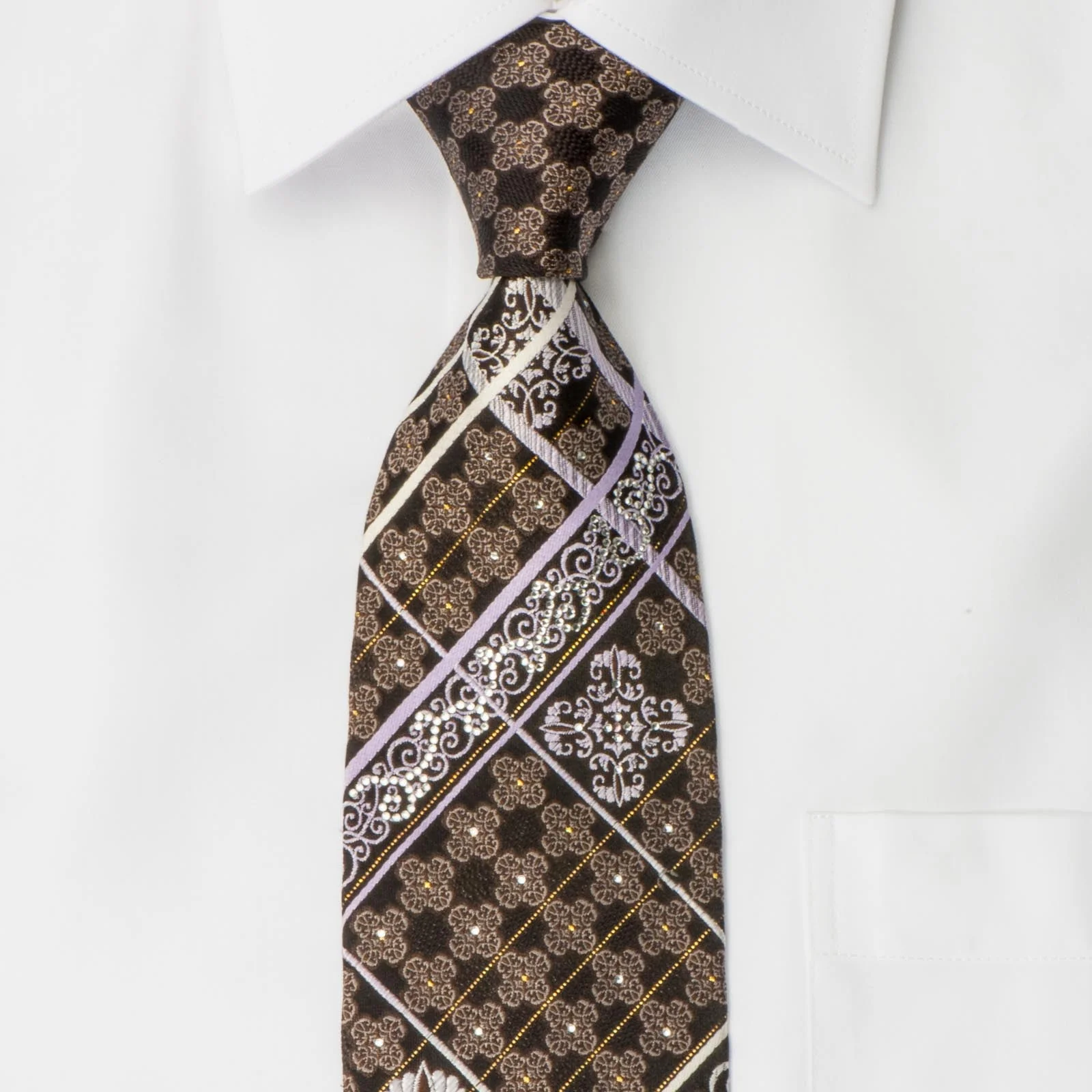 Nicole St Giles Men's Rhinestone Silk Tie Silver Stripes & Damask On Brown With Silver Sparkles - Image 5