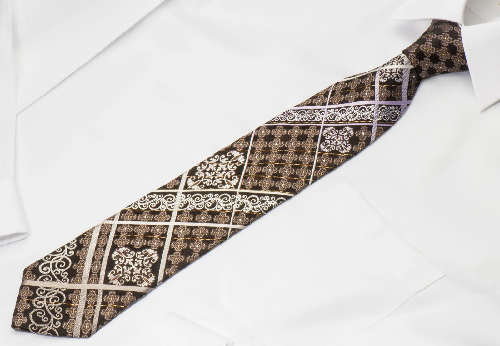 Nicole St Giles Men's Rhinestone Silk Tie Silver Stripes & Damask On Brown With Silver Sparkles - Image 6
