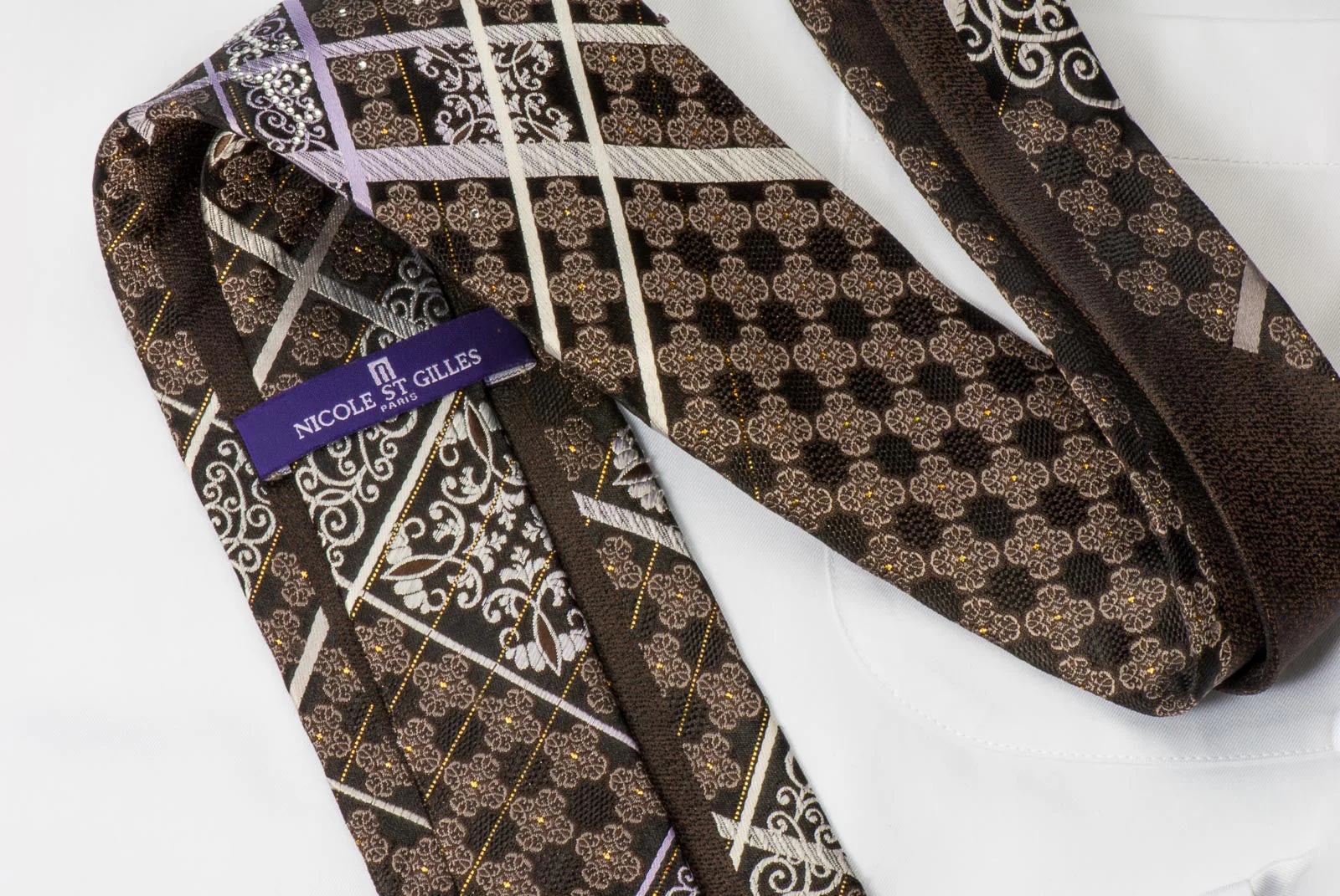 Nicole St Giles Men's Rhinestone Silk Tie Silver Stripes & Damask On Brown With Silver Sparkles - Image 7