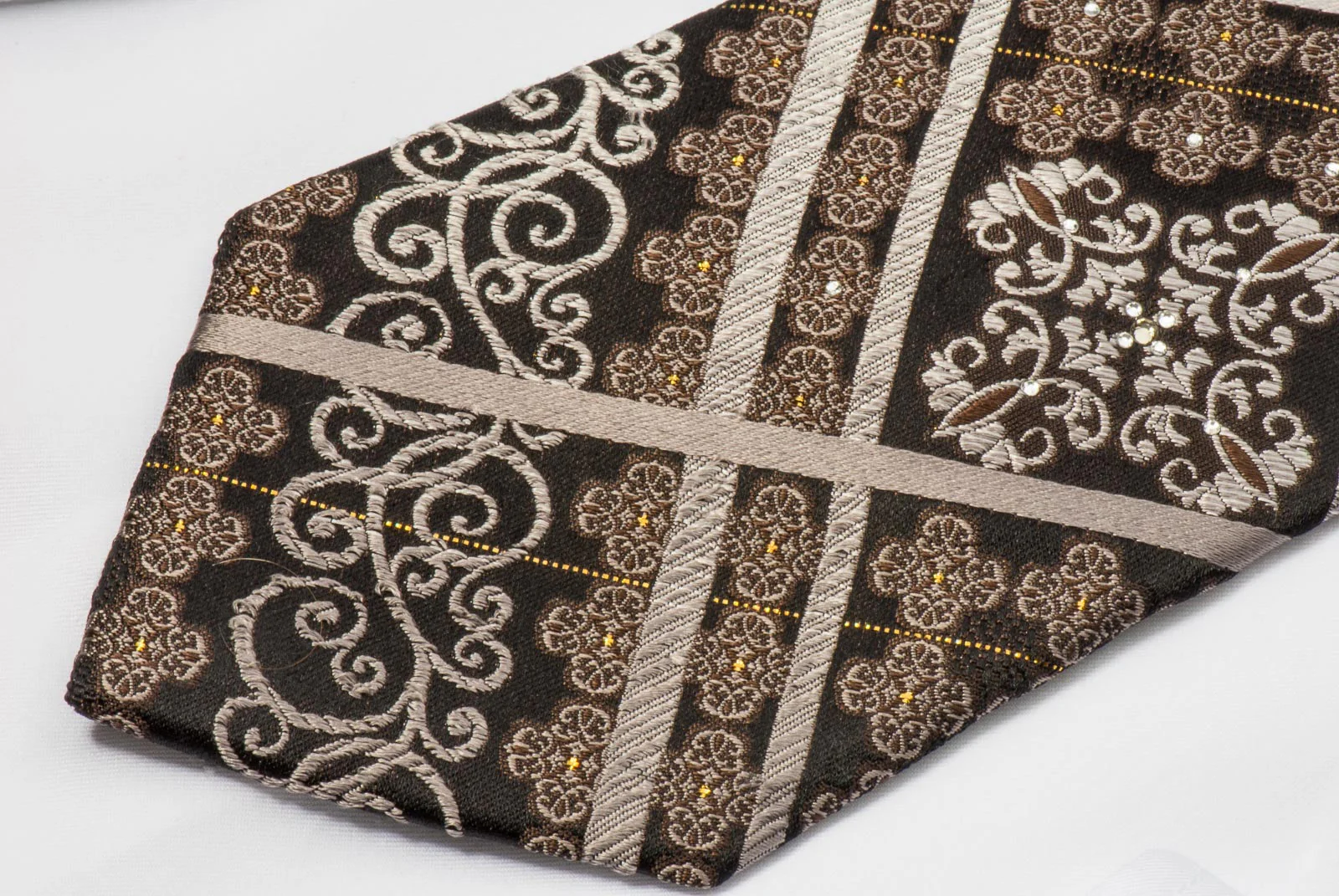 Nicole St Giles Men's Rhinestone Silk Tie Silver Stripes & Damask On Brown With Silver Sparkles - Image 8