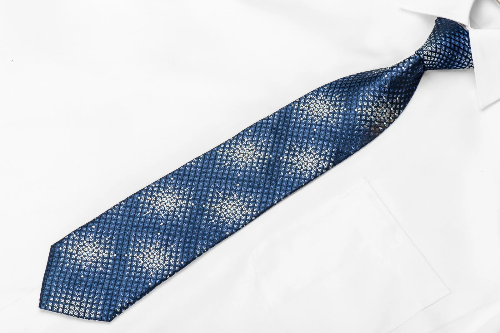 Nicole St Giles Men's Silk Crystal Necktie Silver Geometric On Blue Sparkling with Rhinestones - Image 2