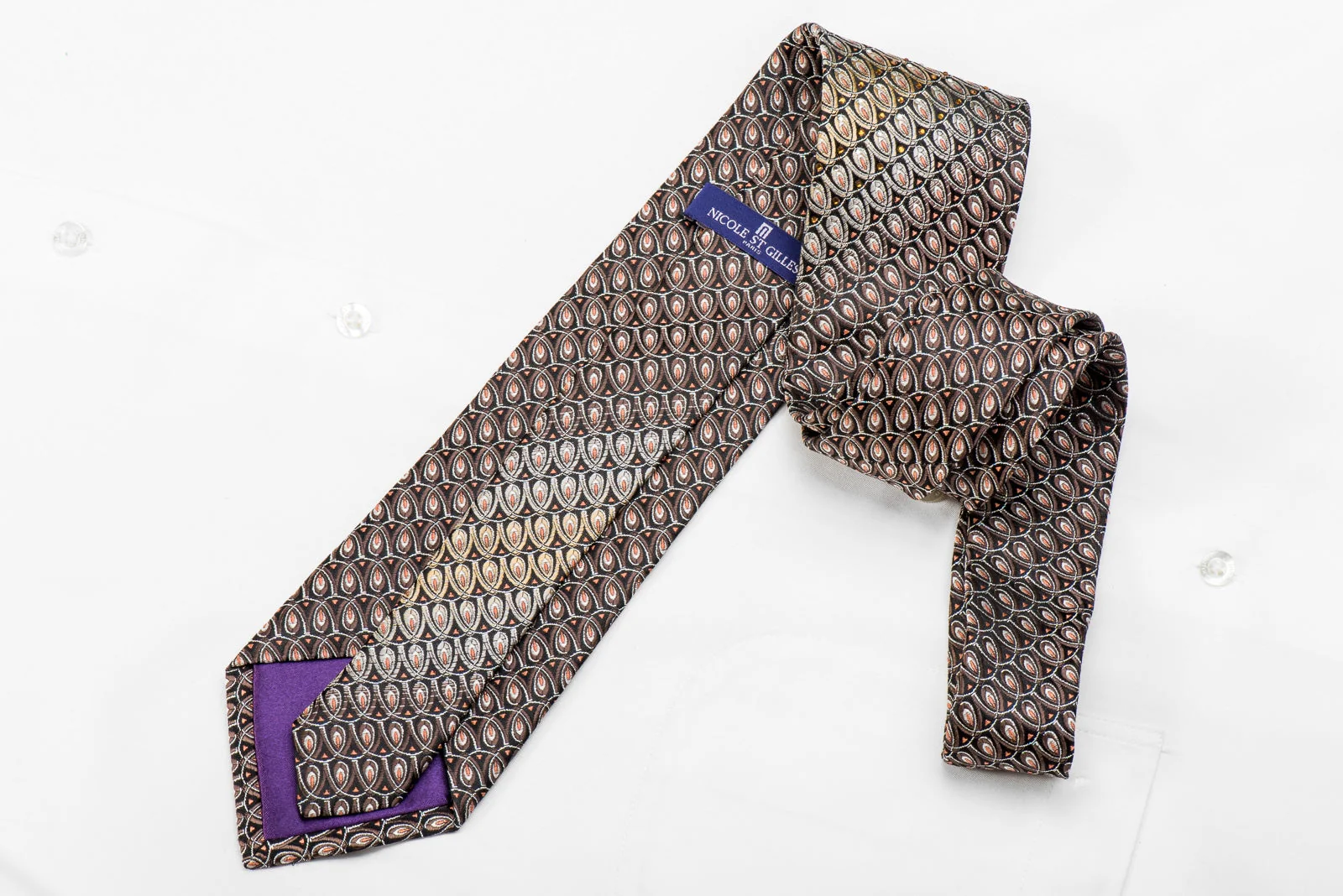 Nicole St Giles Mens Crystal Silk Necktie Silver Brown Orange Geometric On Black With Silver Sparkles - Image 6