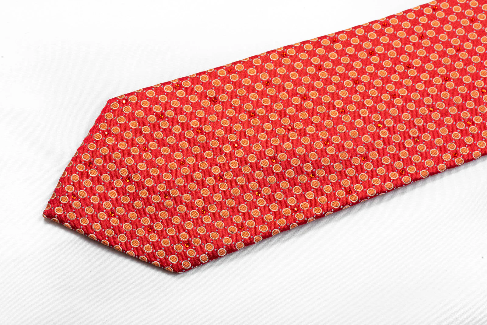 Rhinestone Necktie Orange Dots On Red Silk - Image 3