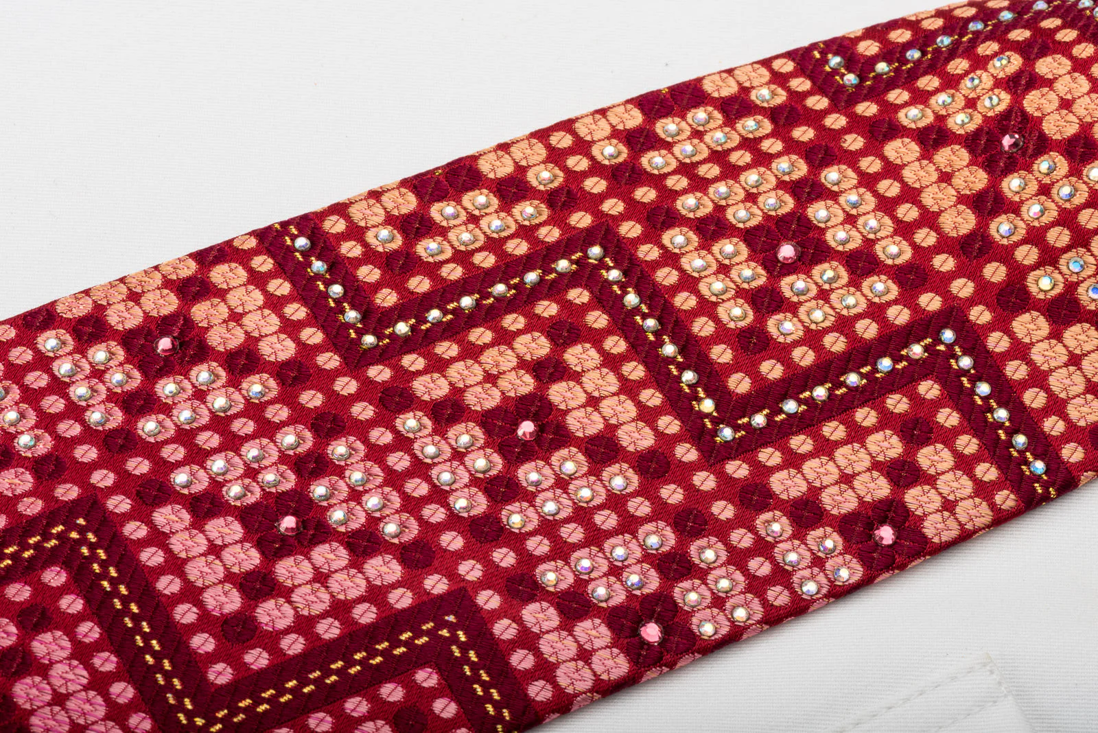 Nicole St Giles Rhinestone Silk Necktie Golden Dots & Chevron On Burgundy Red With Sparkles - Image 7