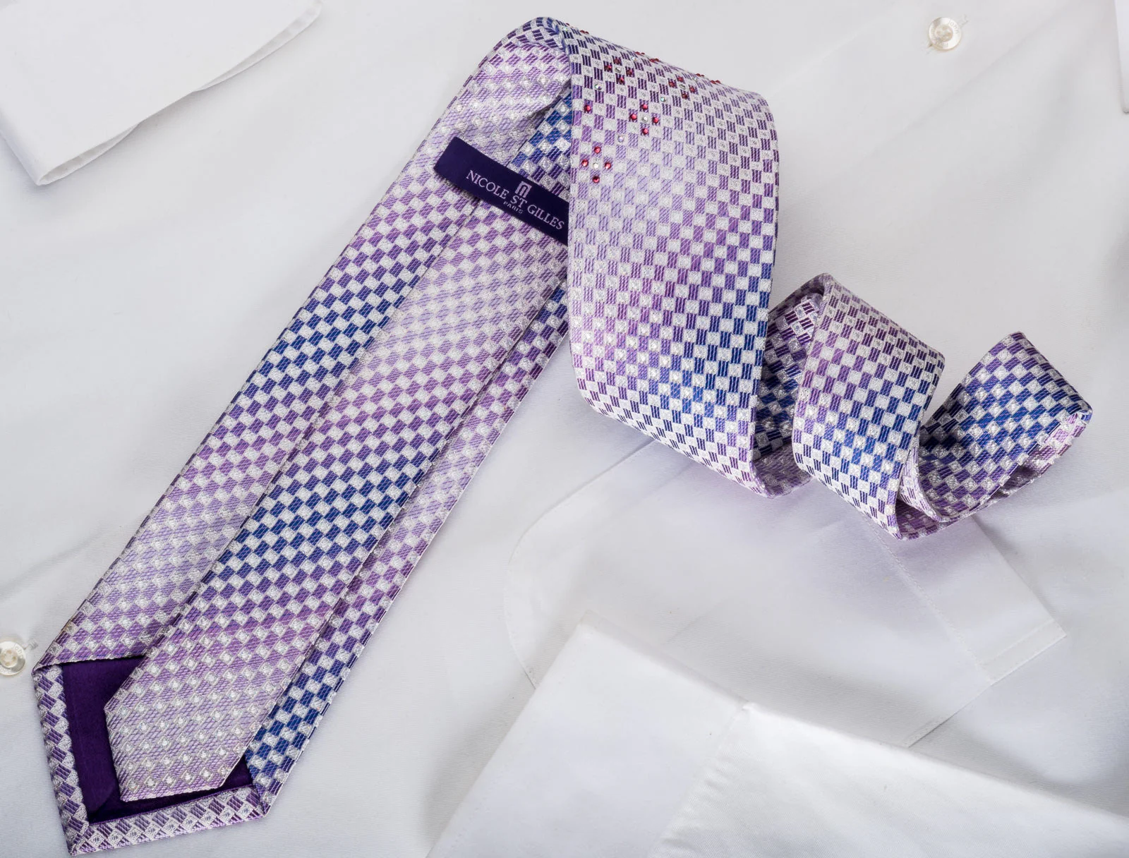 Nicole St Giles Rhinestone Silk Necktie Mauve Silver Checkered With Silver Sparkles - Image 4