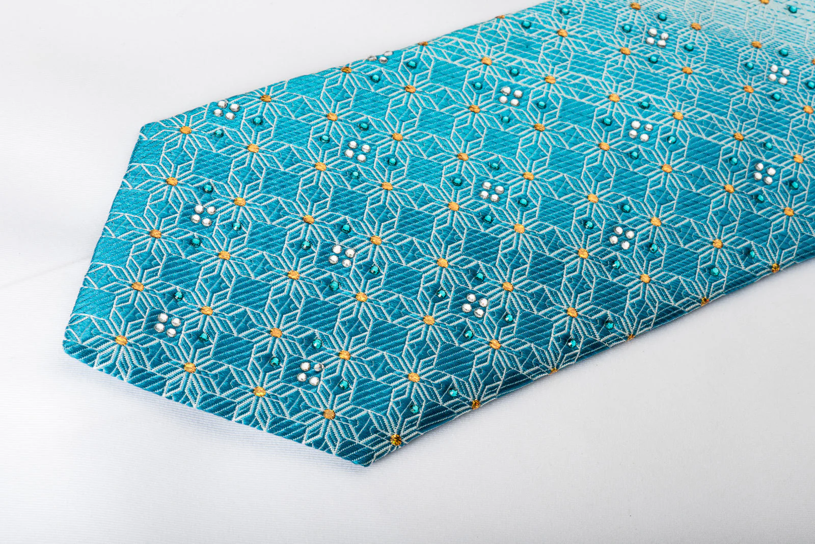 Nicole St Giles Rhinestone Silk Necktie Trellis On Turquoise With Gold Sparkles - Image 5