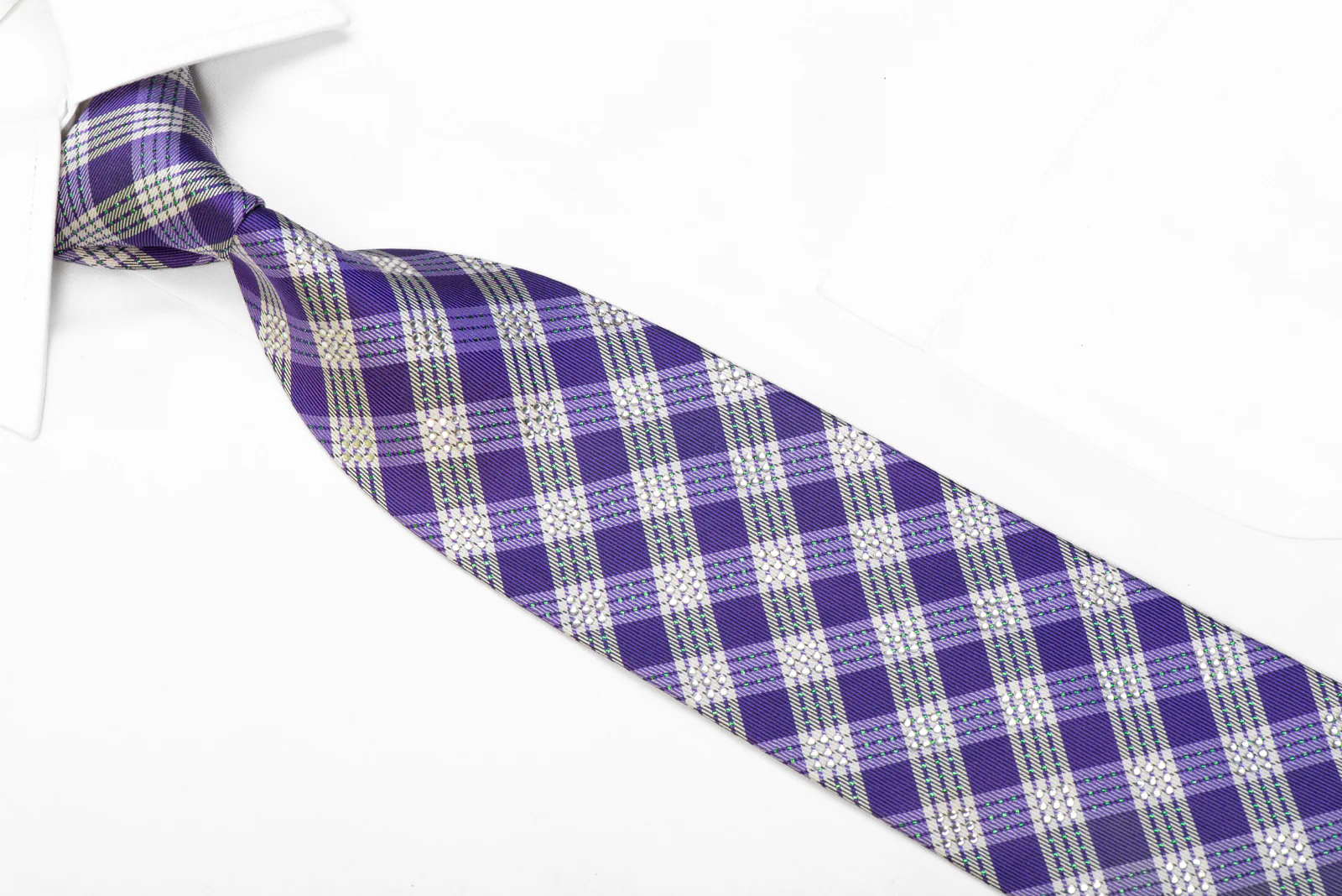 Nicole St Giles Rhinestone Silk Tie Silver Purple Plaids With Sparkles - Image 2