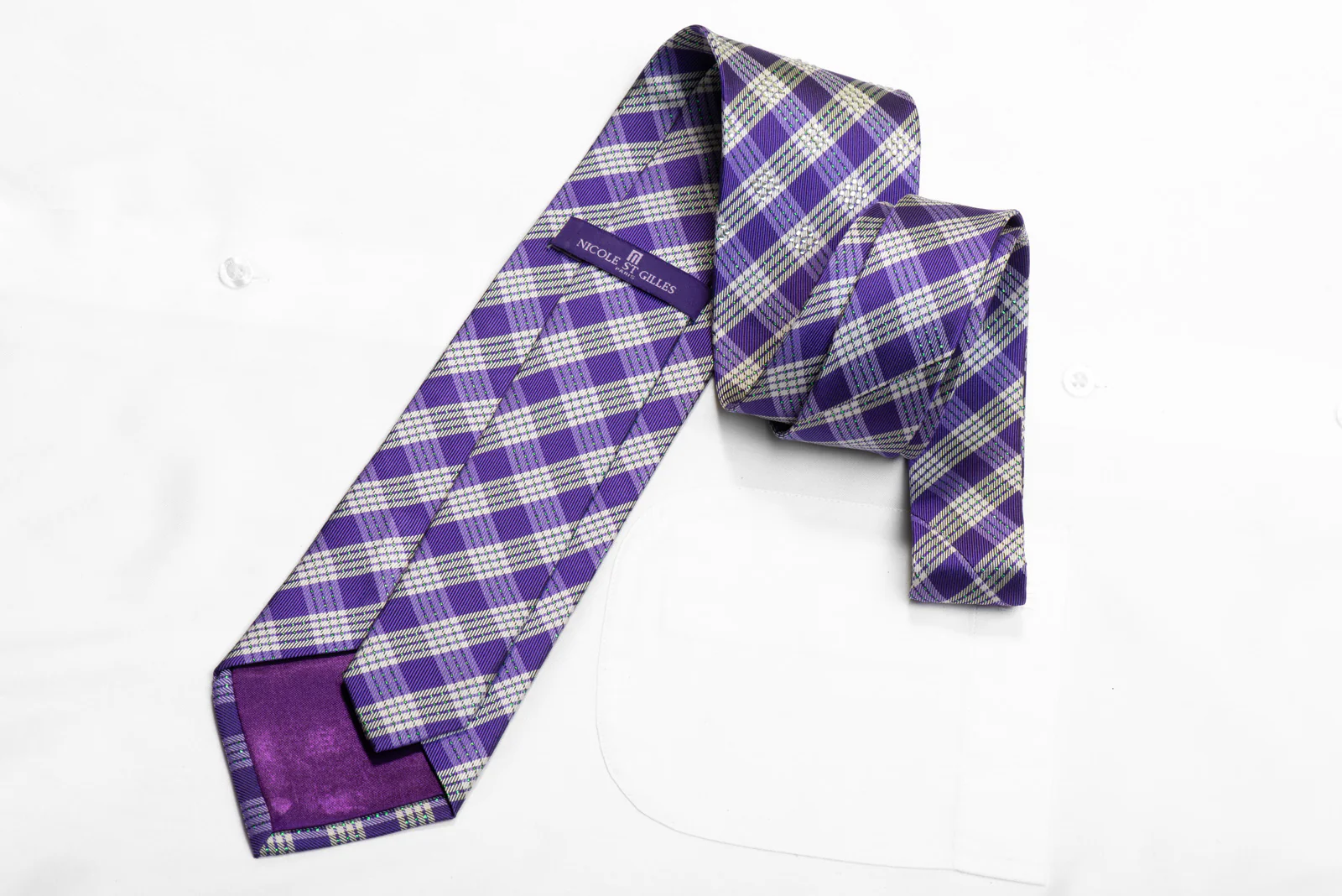 Nicole St Giles Rhinestone Silk Tie Silver Purple Plaids With Sparkles - Image 4