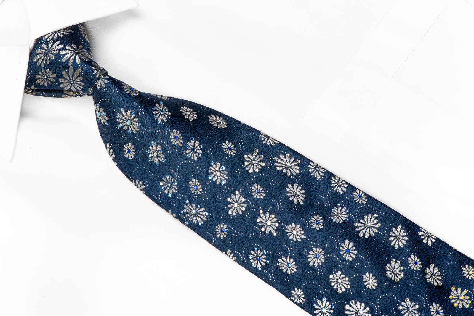 Nicole St Giles Rhinestone Tie Silver Floral On Blue With Sparkles - Image 2
