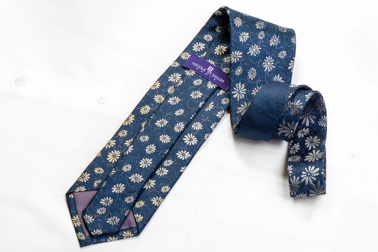 Nicole St Giles Rhinestone Tie Silver Floral On Blue With Sparkles - Image 4