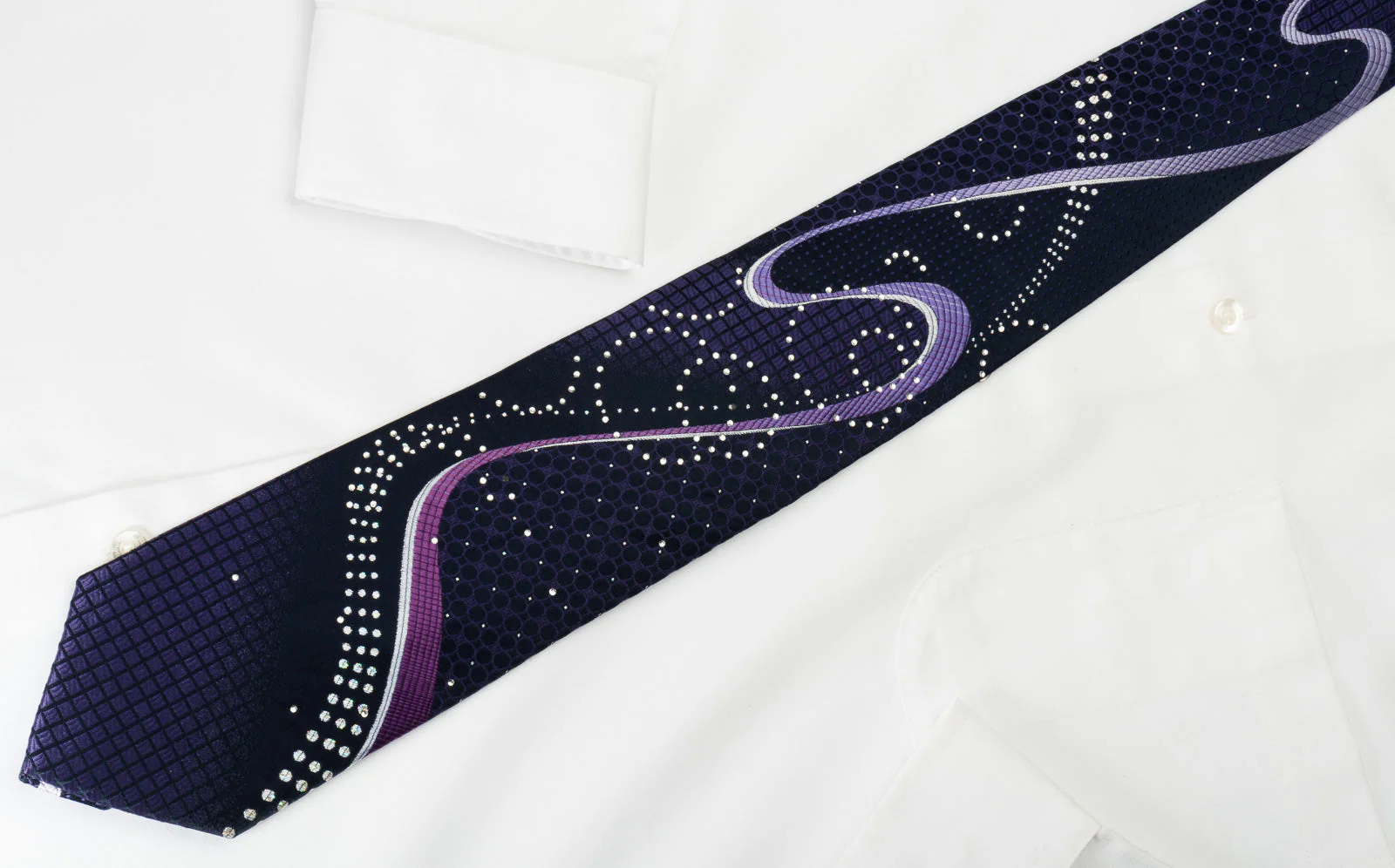Nicole St Giles Silk Necktie Purple Wave & Rhinestones On Navy With Silver Sparkles - Image 3