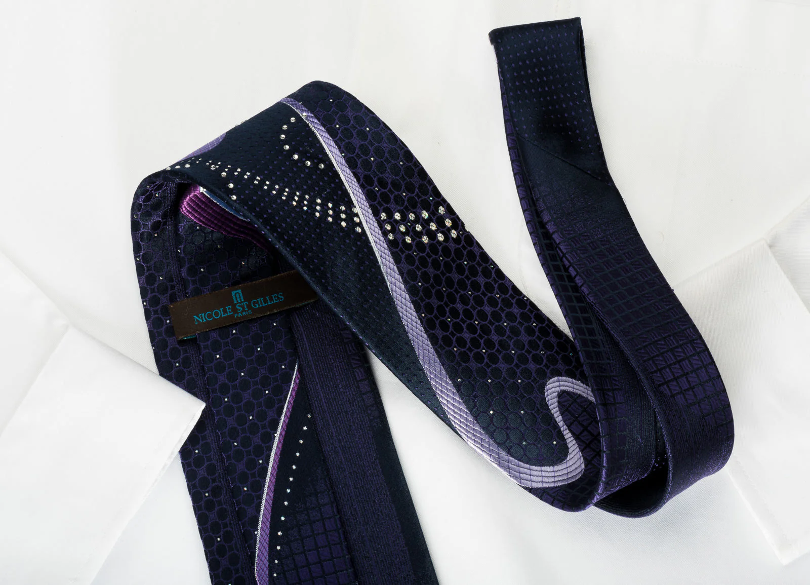 Nicole St Giles Silk Necktie Purple Wave & Rhinestones On Navy With Silver Sparkles - Image 4