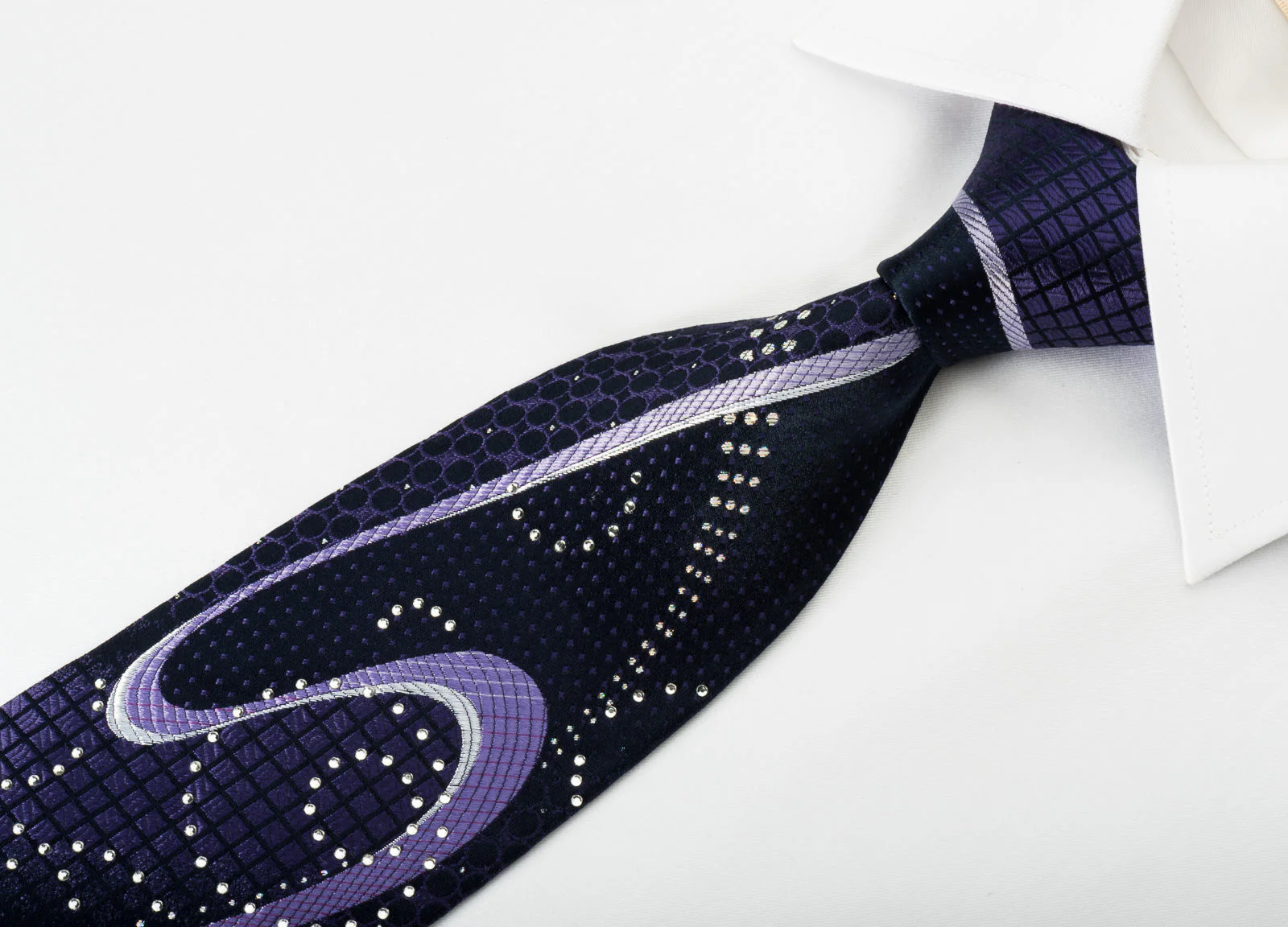 Nicole St Giles Silk Necktie Purple Wave & Rhinestones On Navy With Silver Sparkles - Image 5
