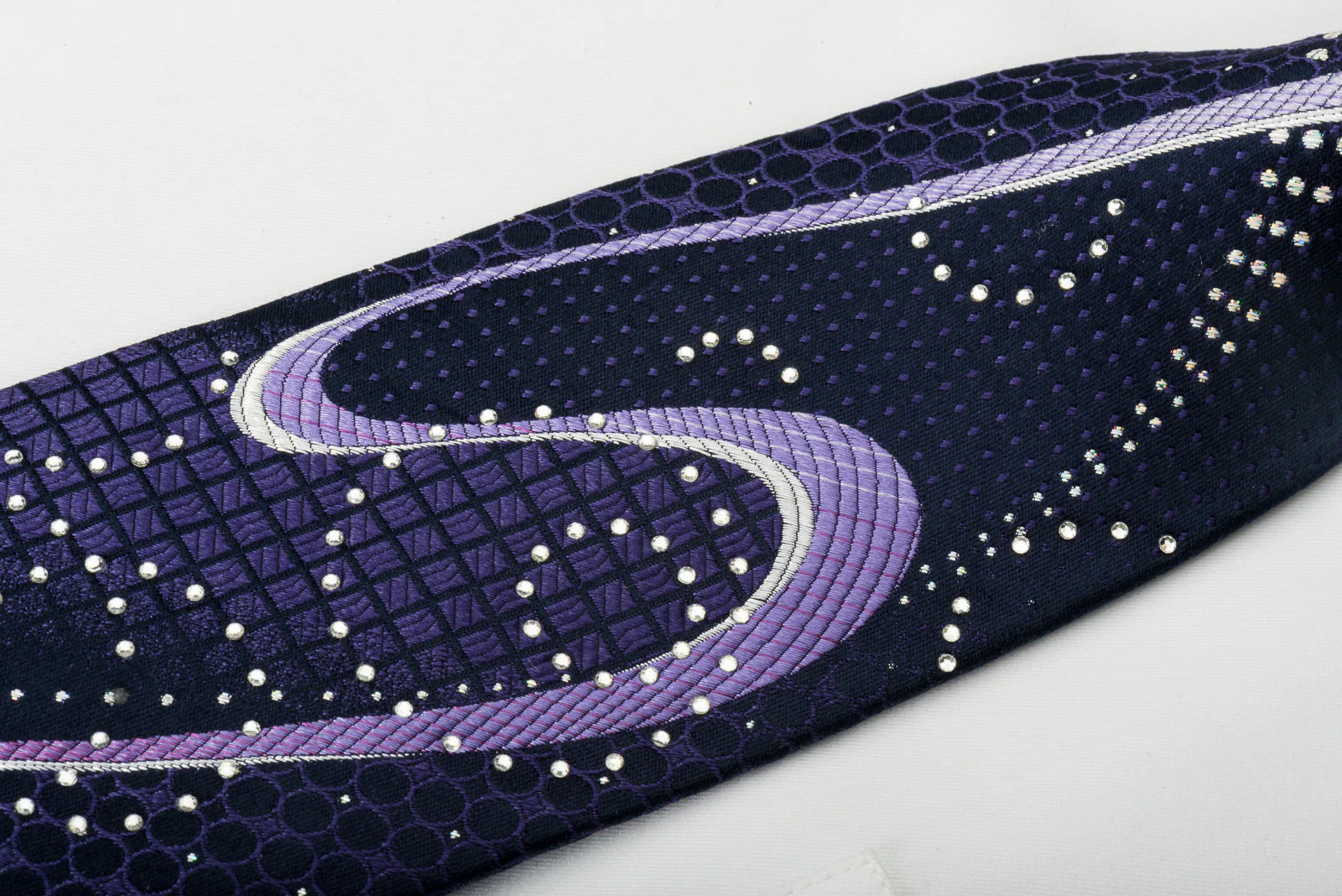 Nicole St Giles Silk Necktie Purple Wave & Rhinestones On Navy With Silver Sparkles - Image 6