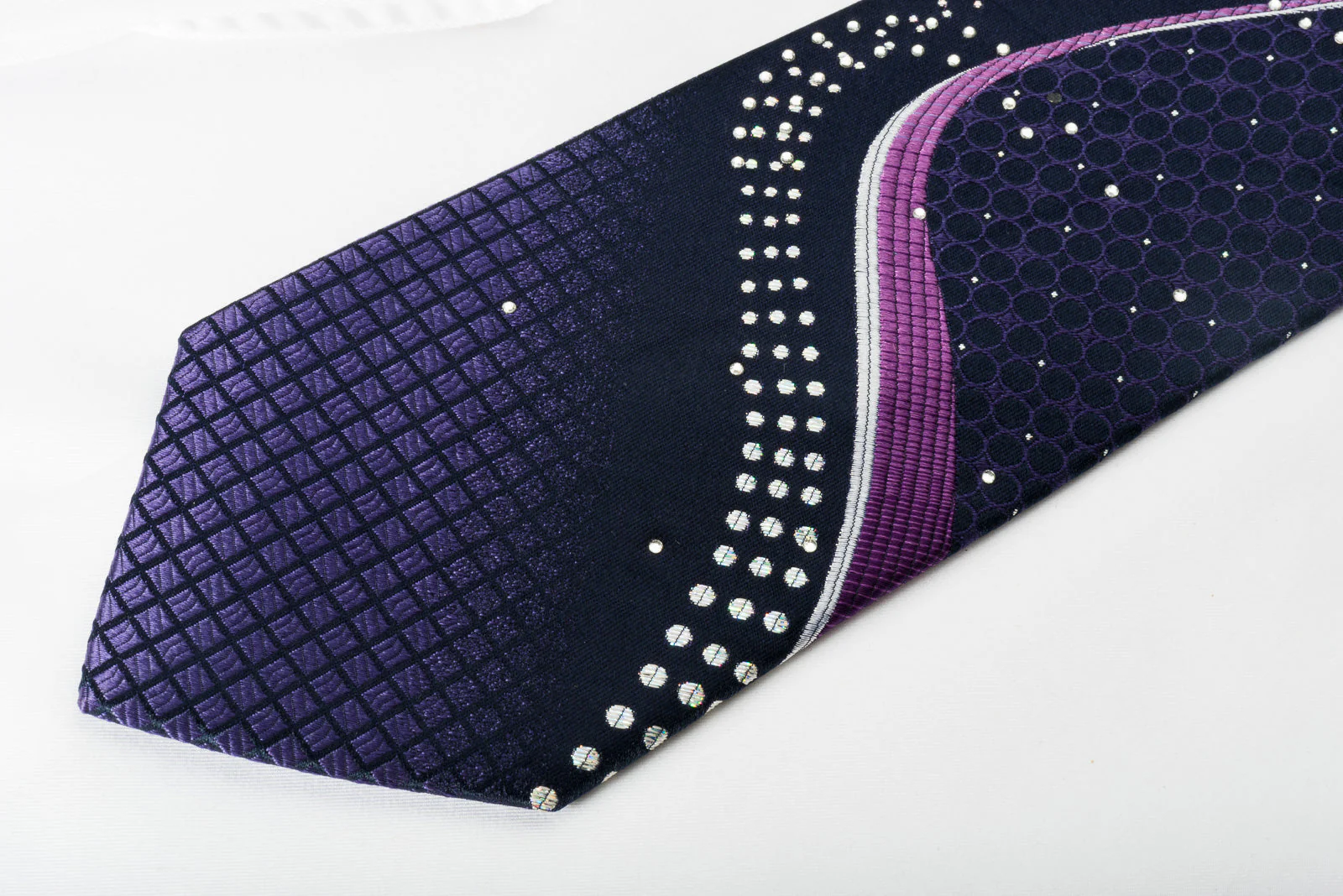 Nicole St Giles Silk Necktie Purple Wave & Rhinestones On Navy With Silver Sparkles - Image 7
