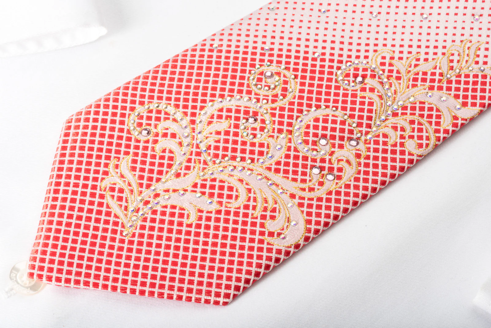 Nicole St Giles Silk Rhinestone Necktie Pink Geometric On White With Sparkling Golden Scrolls - Image 5
