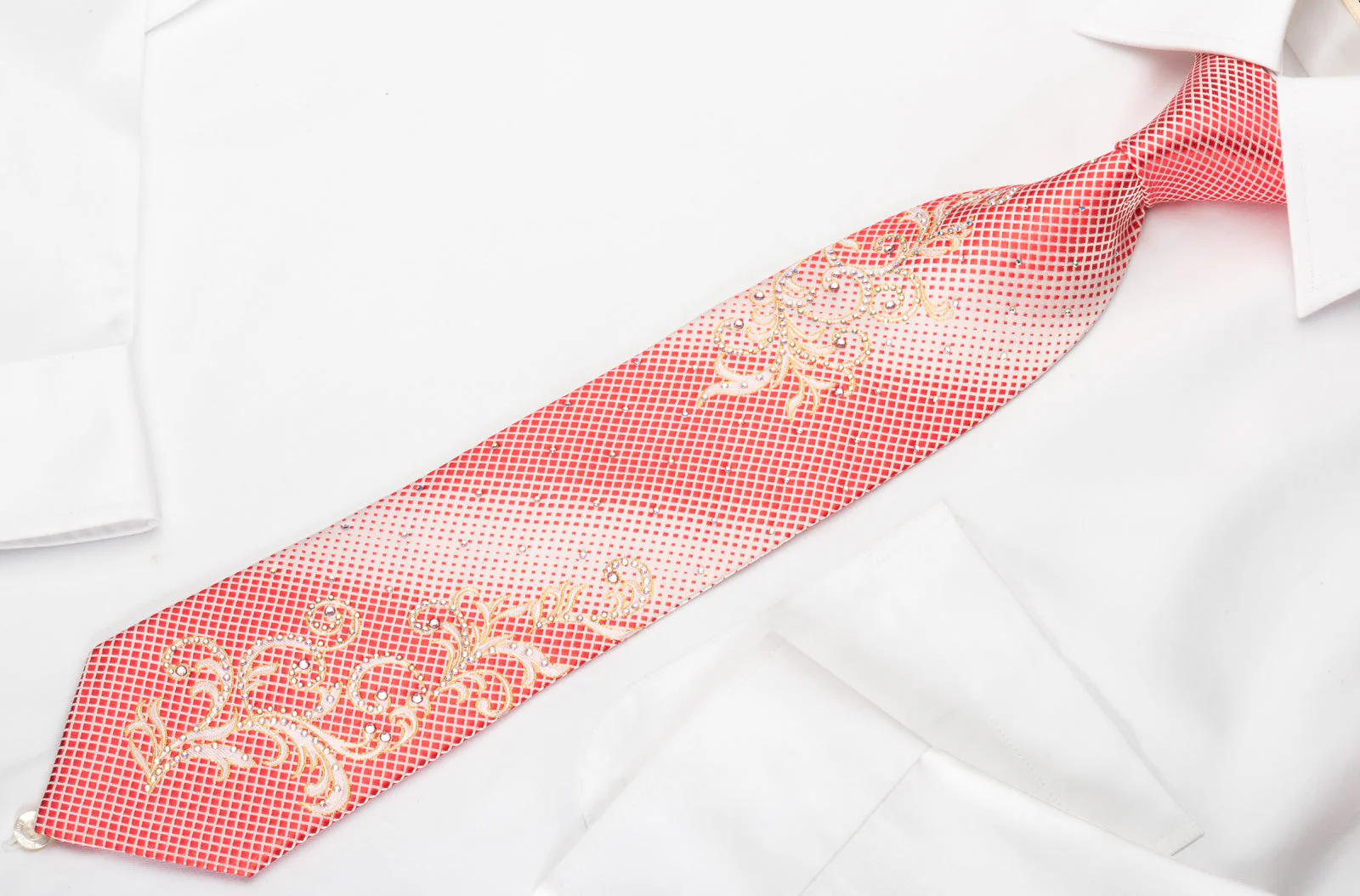 Nicole St Giles Silk Rhinestone Necktie Pink Geometric On White With Sparkling Golden Scrolls - Image 6