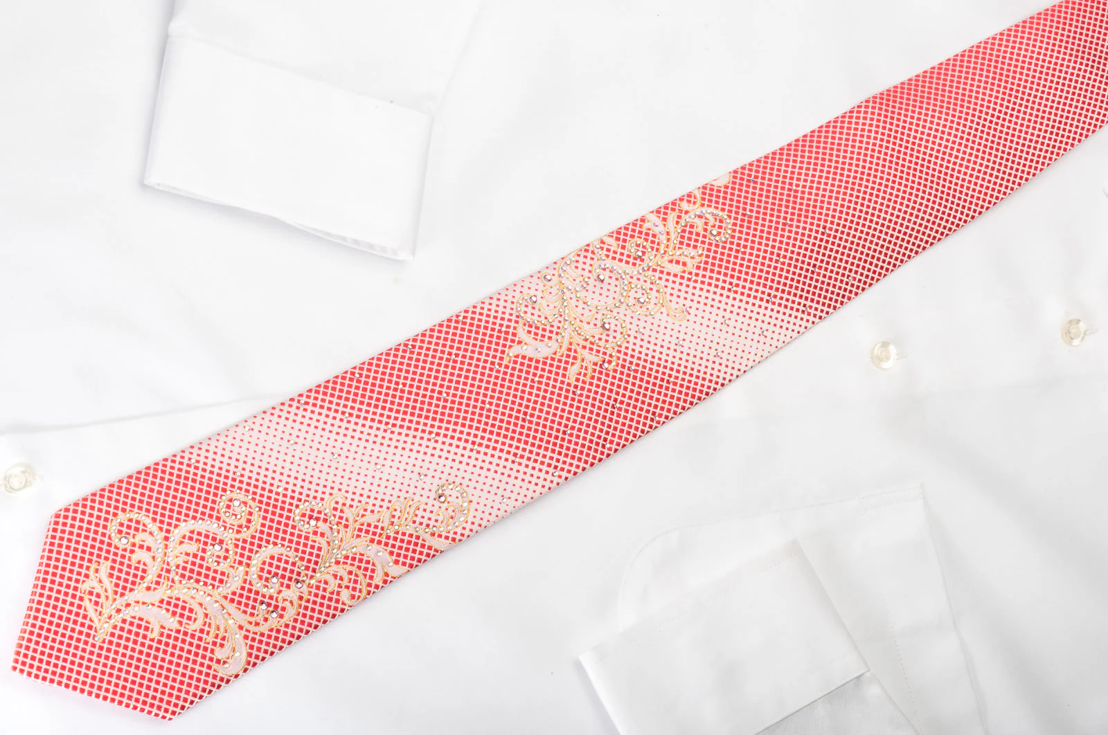 Nicole St Giles Silk Rhinestone Necktie Pink Geometric On White With Sparkling Golden Scrolls - Image 7