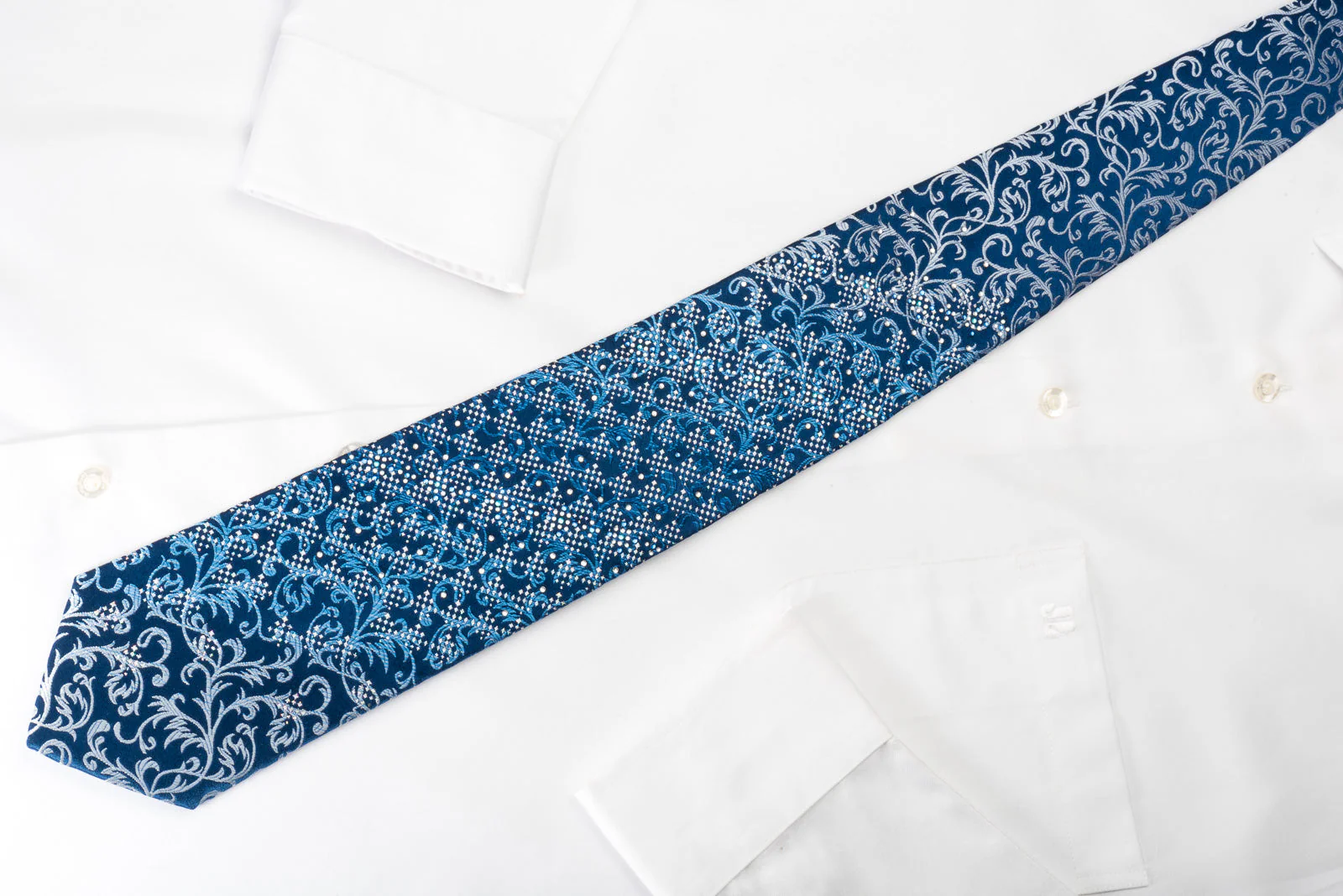 Nicole St Giles Silk Rhinestone Necktie Vines On Blue With Silver Sparkles - Image 3