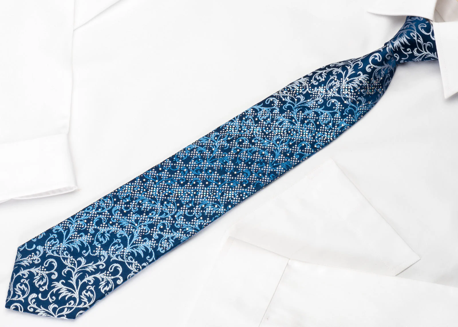 Nicole St Giles Silk Rhinestone Necktie Vines On Blue With Silver Sparkles - Image 4