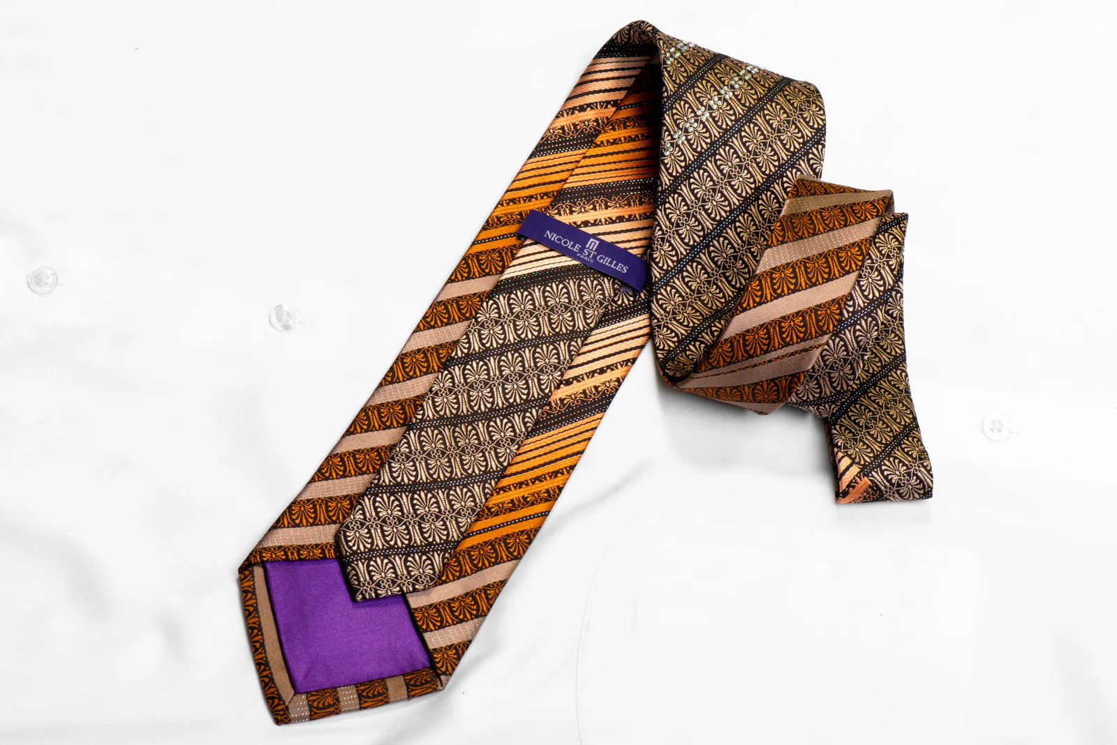 Nicole St Giles Tie Orange Brown Striped Anthemion On Black With Sparkles - Image 4