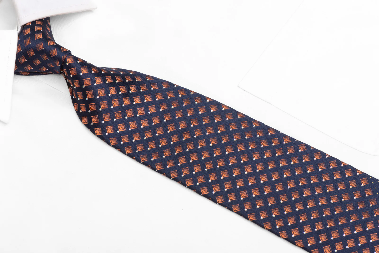Orange Geometric On Navy Blue Rhinestone Silk Necktie With Gold Sparkles - Image 3