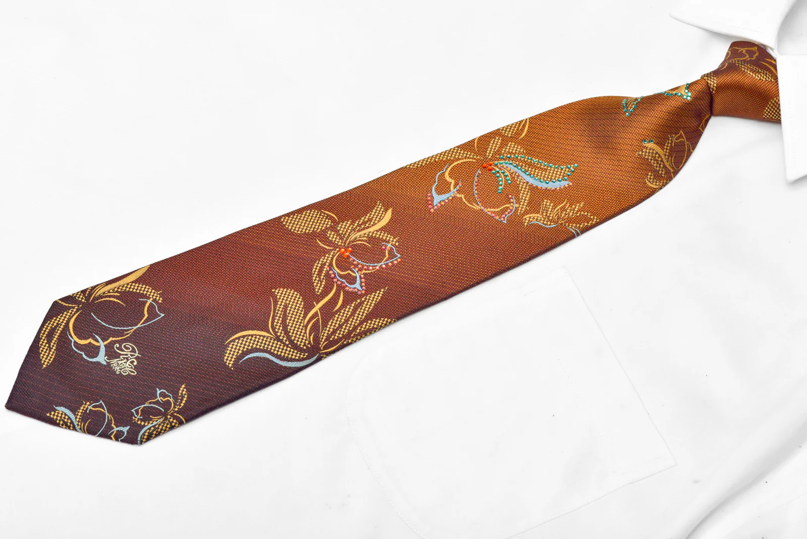 Orange Floral On Brown Rhinestone Necktie - Image 2