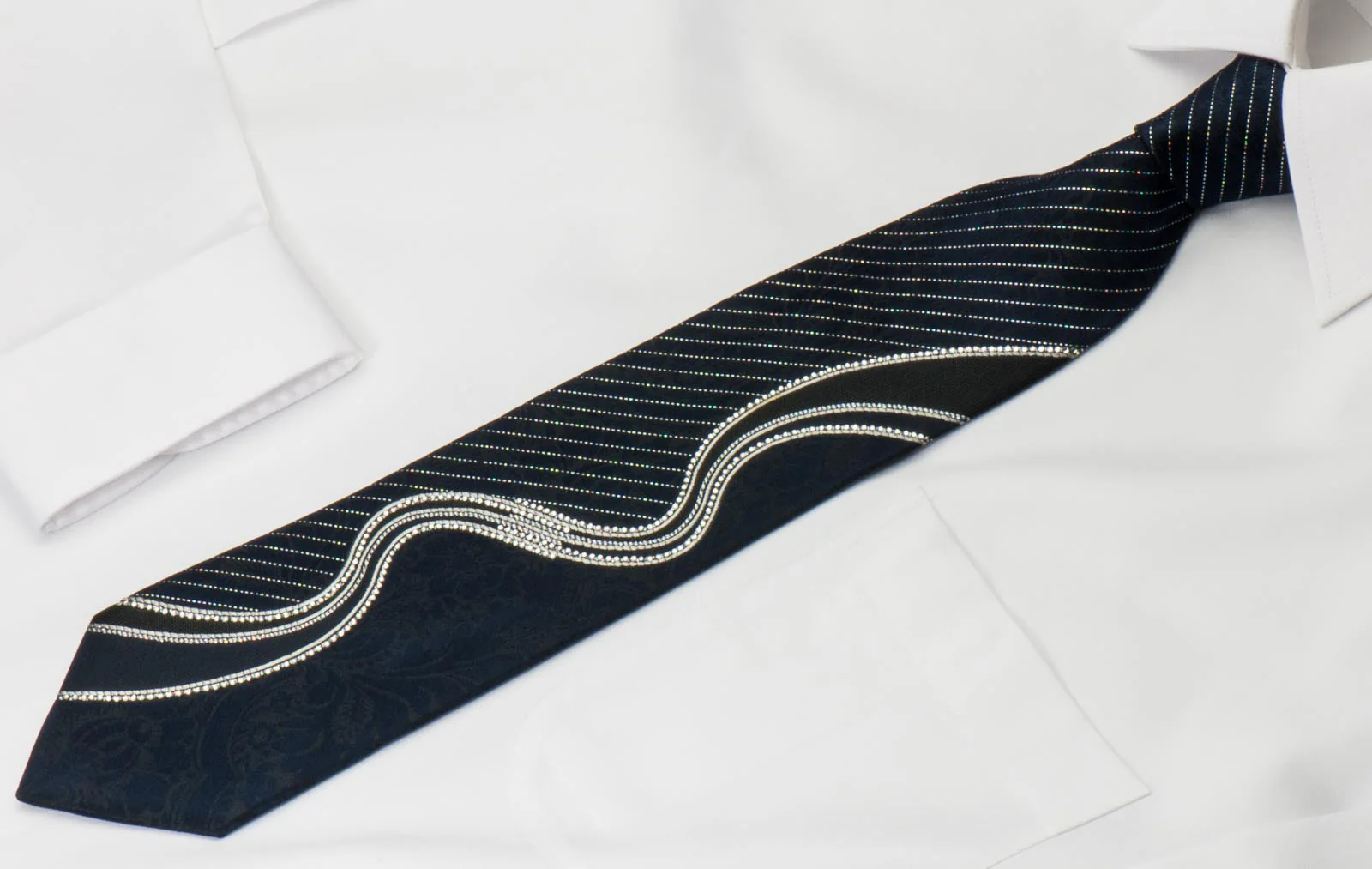 Nina Ricci Black Silk Rhinestone Necktie With Bling Silver Waves With Striped Silver Sparkles - Image 2