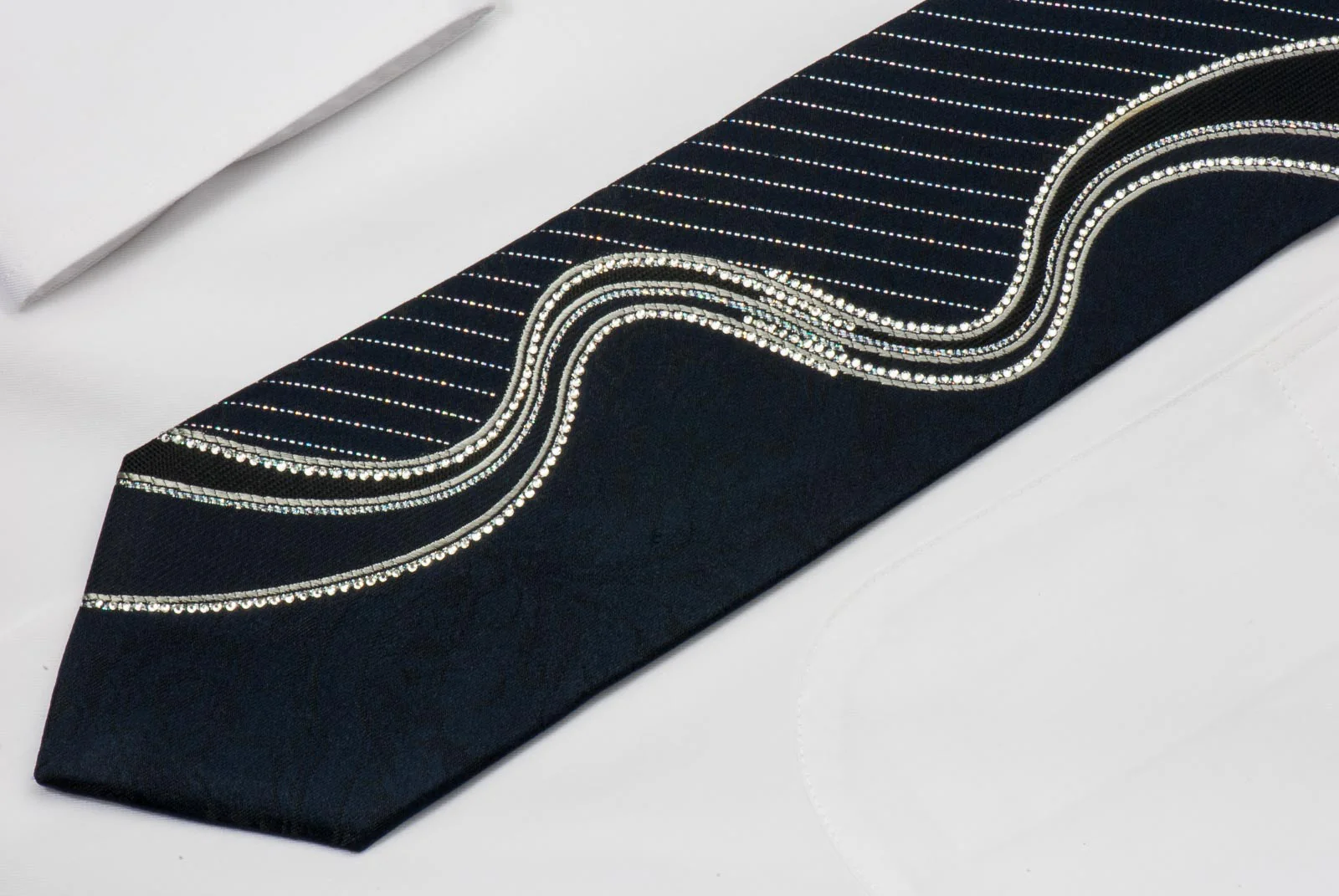 Nina Ricci Black Silk Rhinestone Necktie With Bling Silver Waves With Striped Silver Sparkles - Image 3