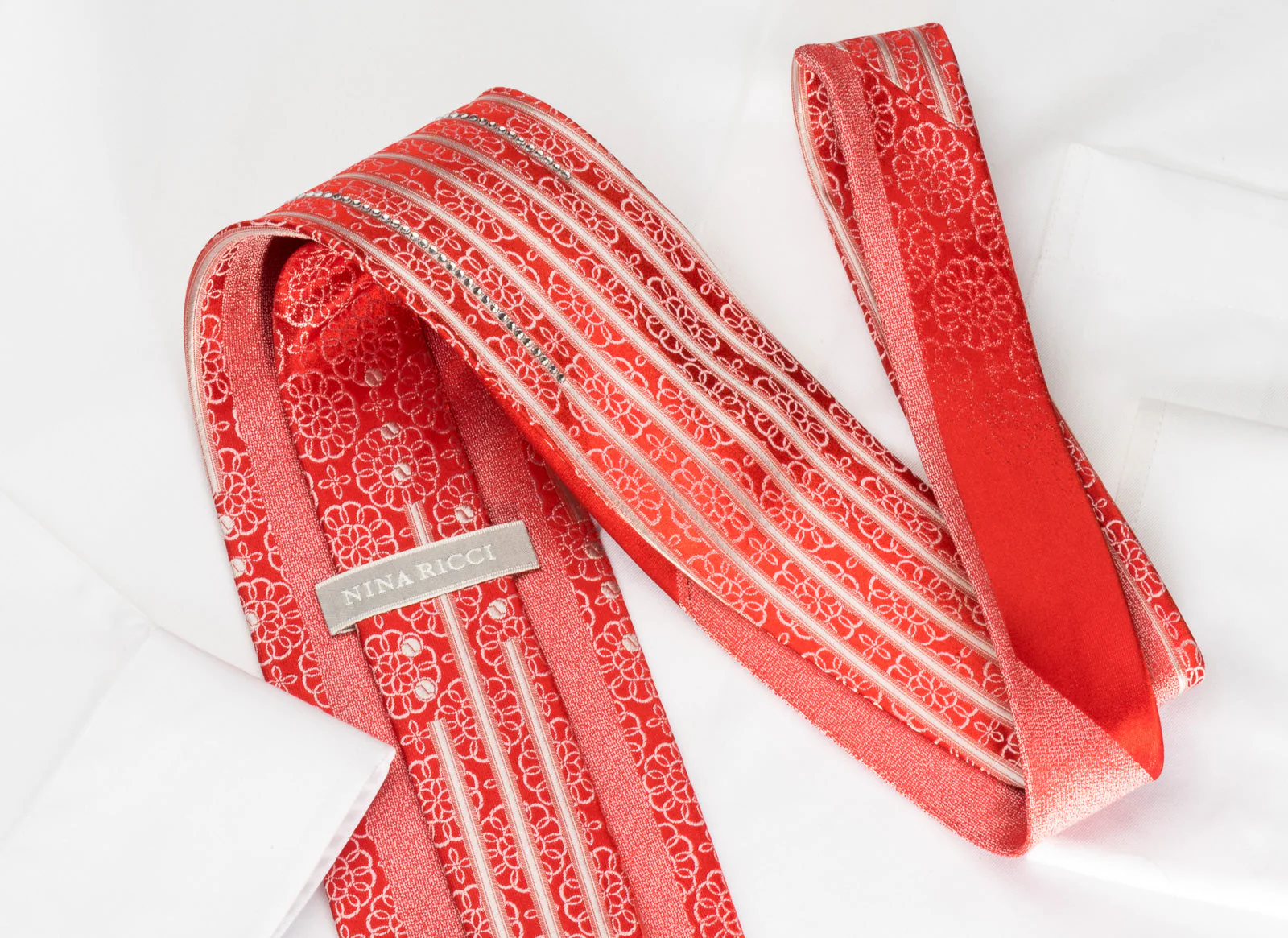 Nina Ricci Bling Silk Tie Medallion Rhinestones On Red - Image 4