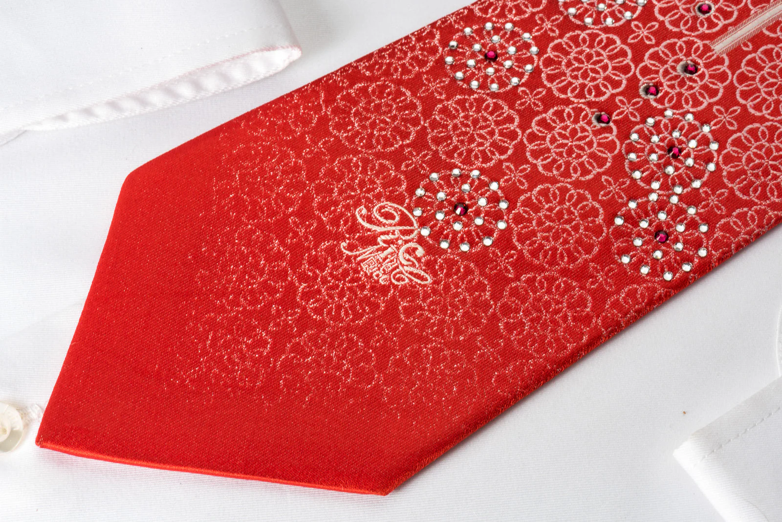Nina Ricci Bling Silk Tie Medallion Rhinestones On Red - Image 6