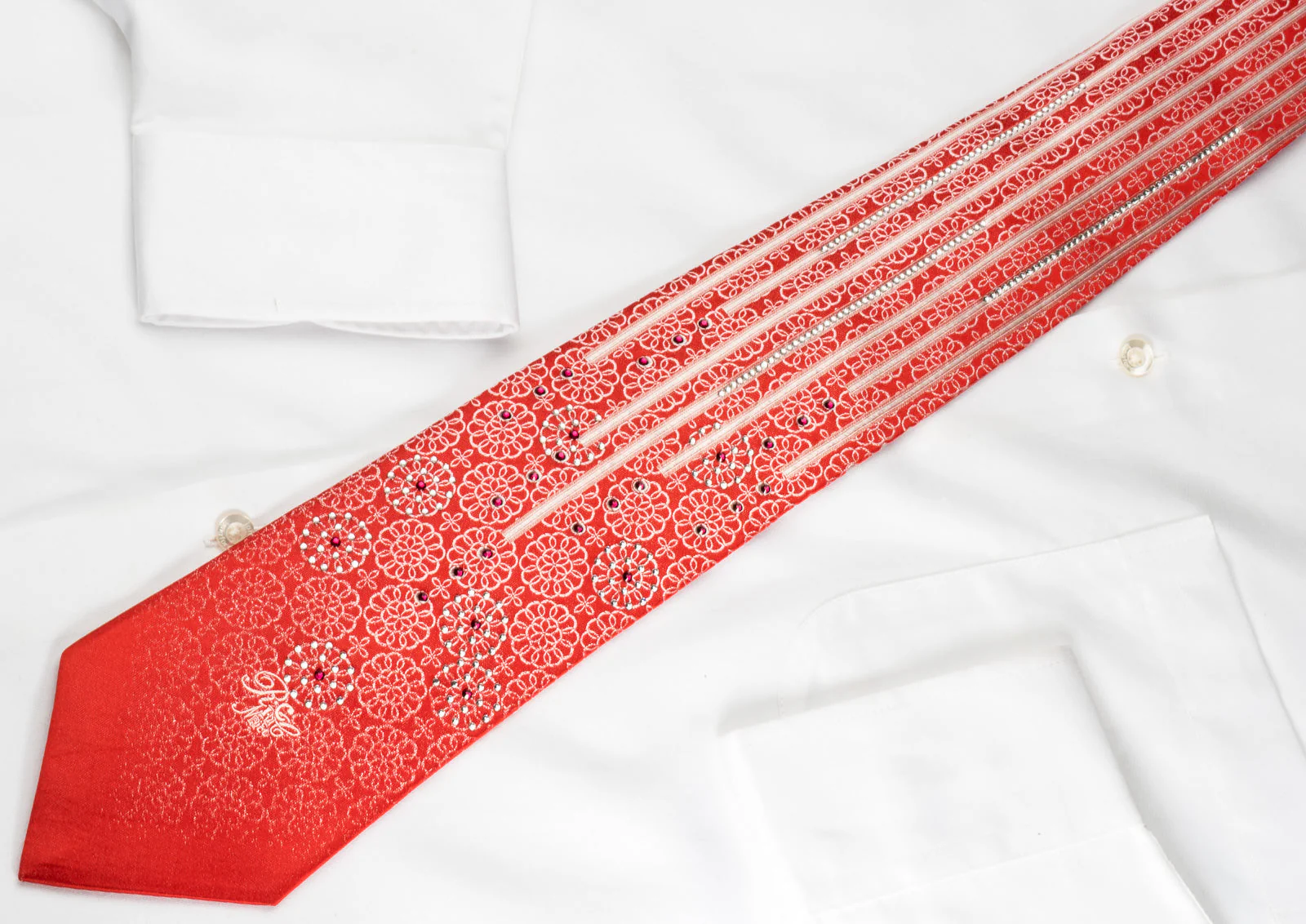 Nina Ricci Bling Silk Tie Medallion Rhinestones On Red - Image 8