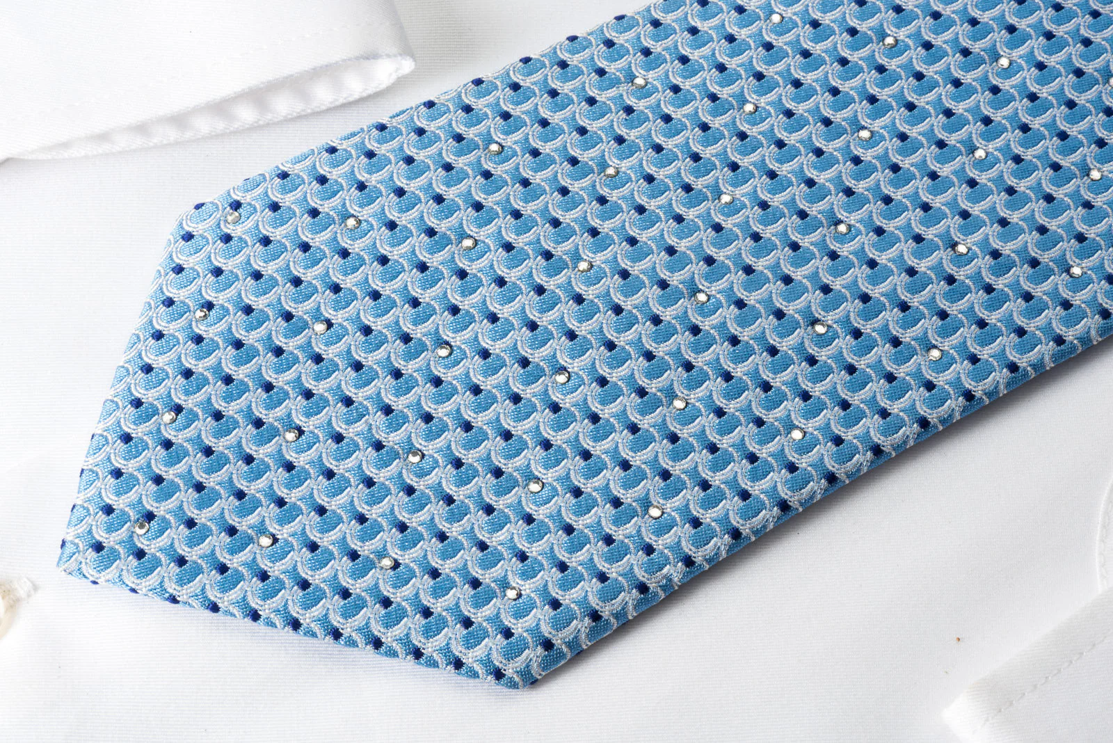 Nina Ricci Elegant Silk Tie Silver Circles On Blue With Crystal Rhinestones - Image 4