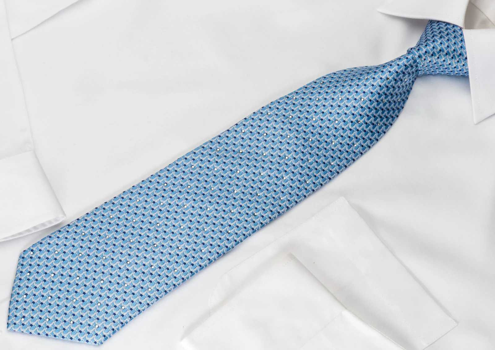 Nina Ricci Elegant Silk Tie Silver Circles On Blue With Crystal Rhinestones - Image 5