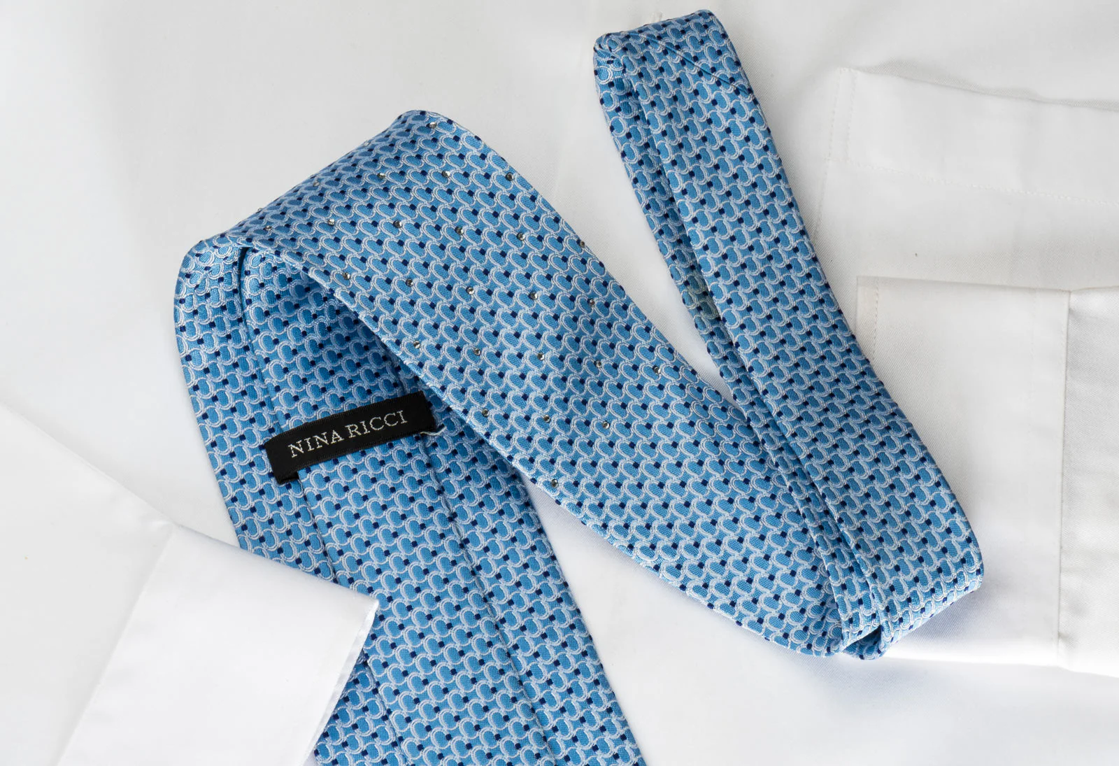 Nina Ricci Elegant Silk Tie Silver Circles On Blue With Crystal Rhinestones - Image 6