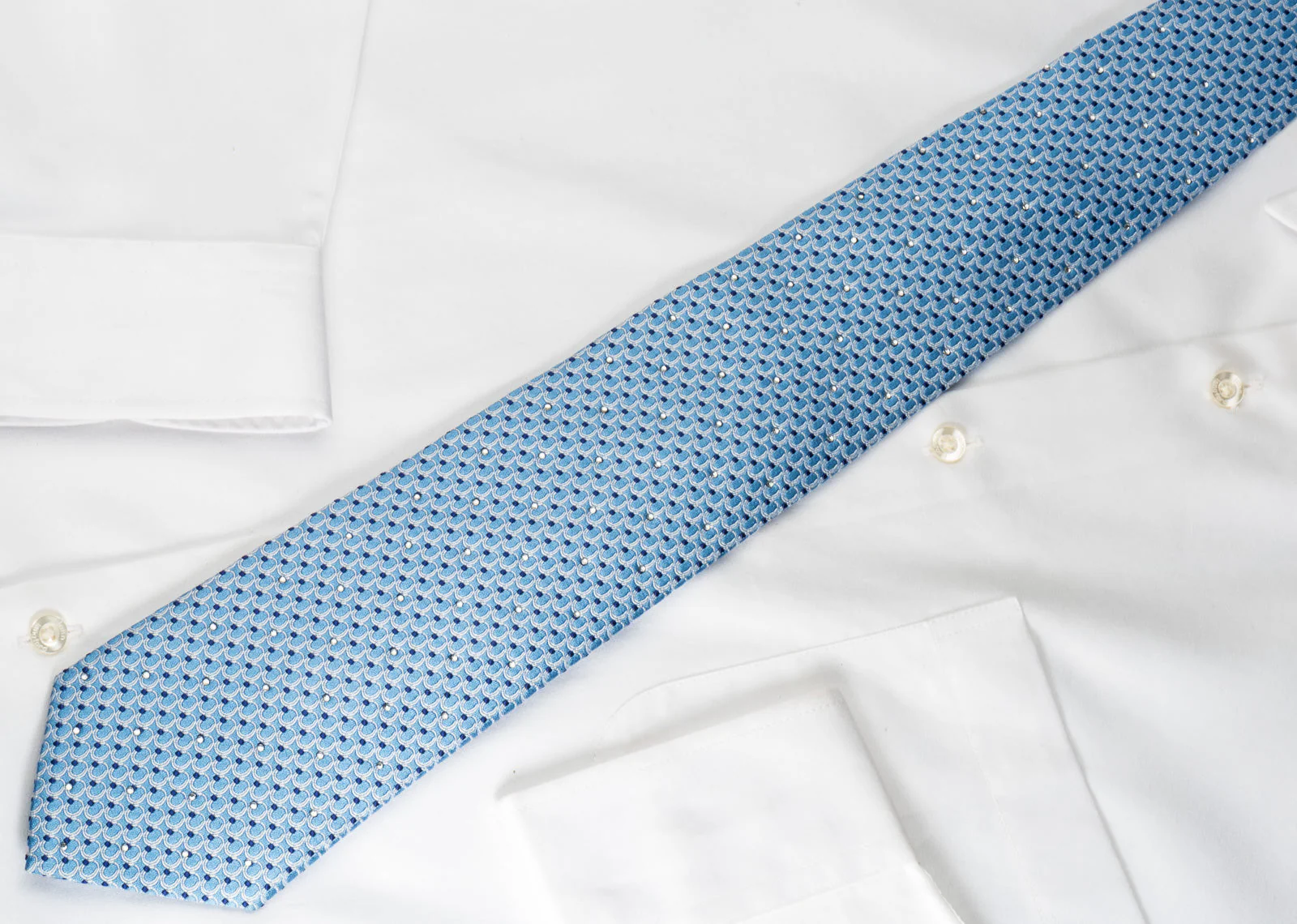 Nina Ricci Elegant Silk Tie Silver Circles On Blue With Crystal Rhinestones - Image 7