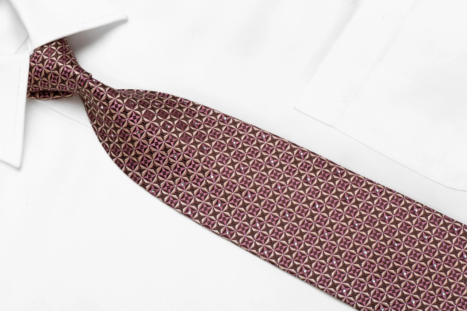 Nina Ricci Men's Crystal Silk Necktie Beige Pink Geometric On Brown With Silver Sparkles - Image 3