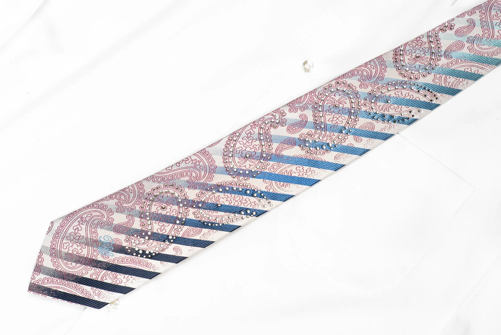 Nina Ricci Men's Crystal Silk Necktie Blue Striped Purple Paisley On White Sparkling With Rhinestones - Image 4