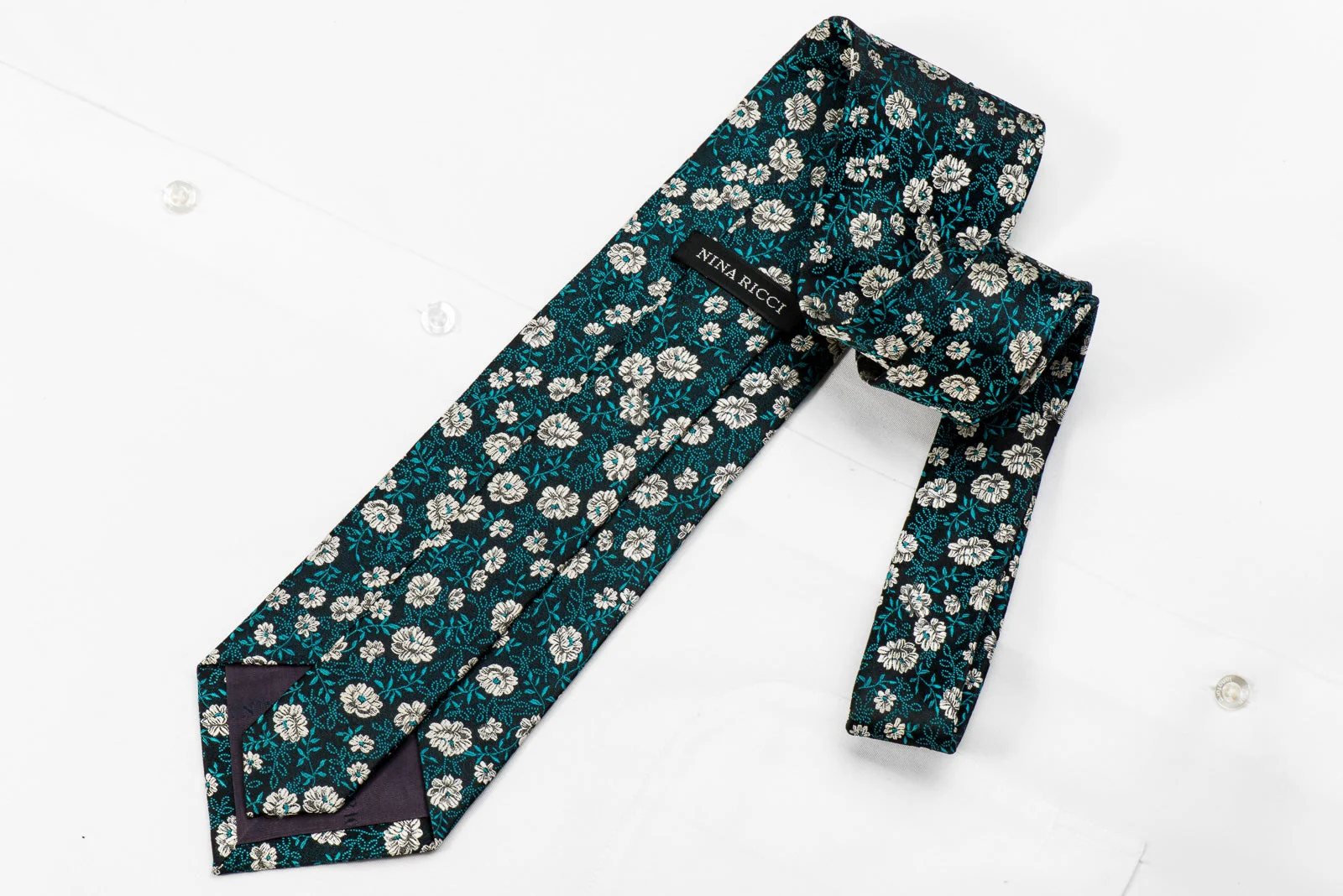Silver Floral On Navy Rhinestone Silk Tie Sparkling With Rhinestones - Image 5