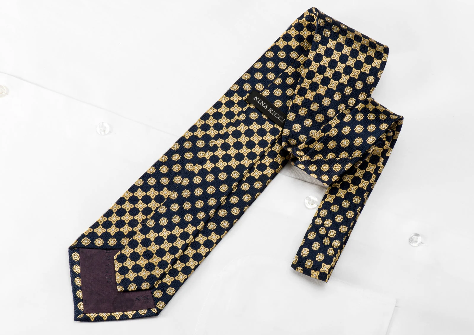 Nina Ricci Men's Crystal Silk Necktie Golden Geometric On Navy Sparkling With Rhinestones - Image 5