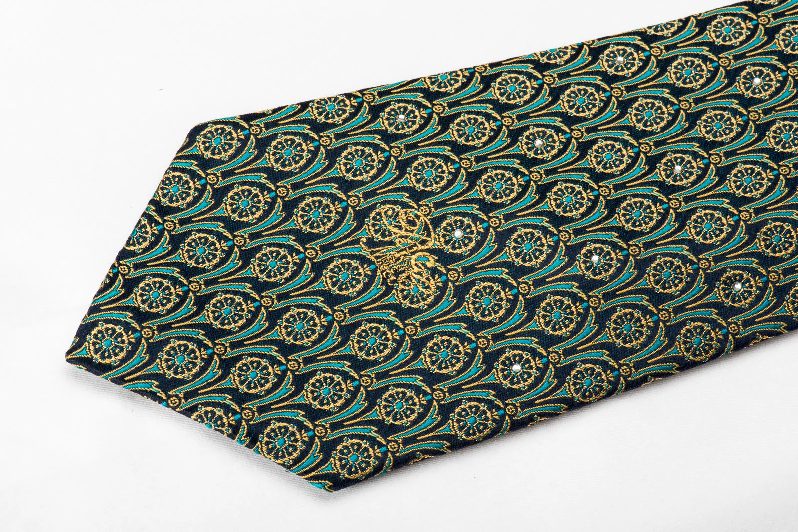 Nina Ricci Men's Crystal Silk Necktie Golden On Turquoise With Goldnen Sparkles - Image 3