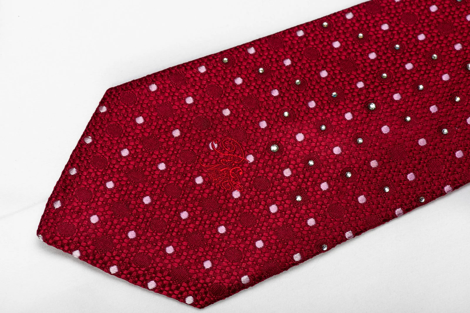 Nina Ricci Men's Crystal Silk Necktie Mauve Dots On Burgundy Sparkling With Rhinestones - Image 3