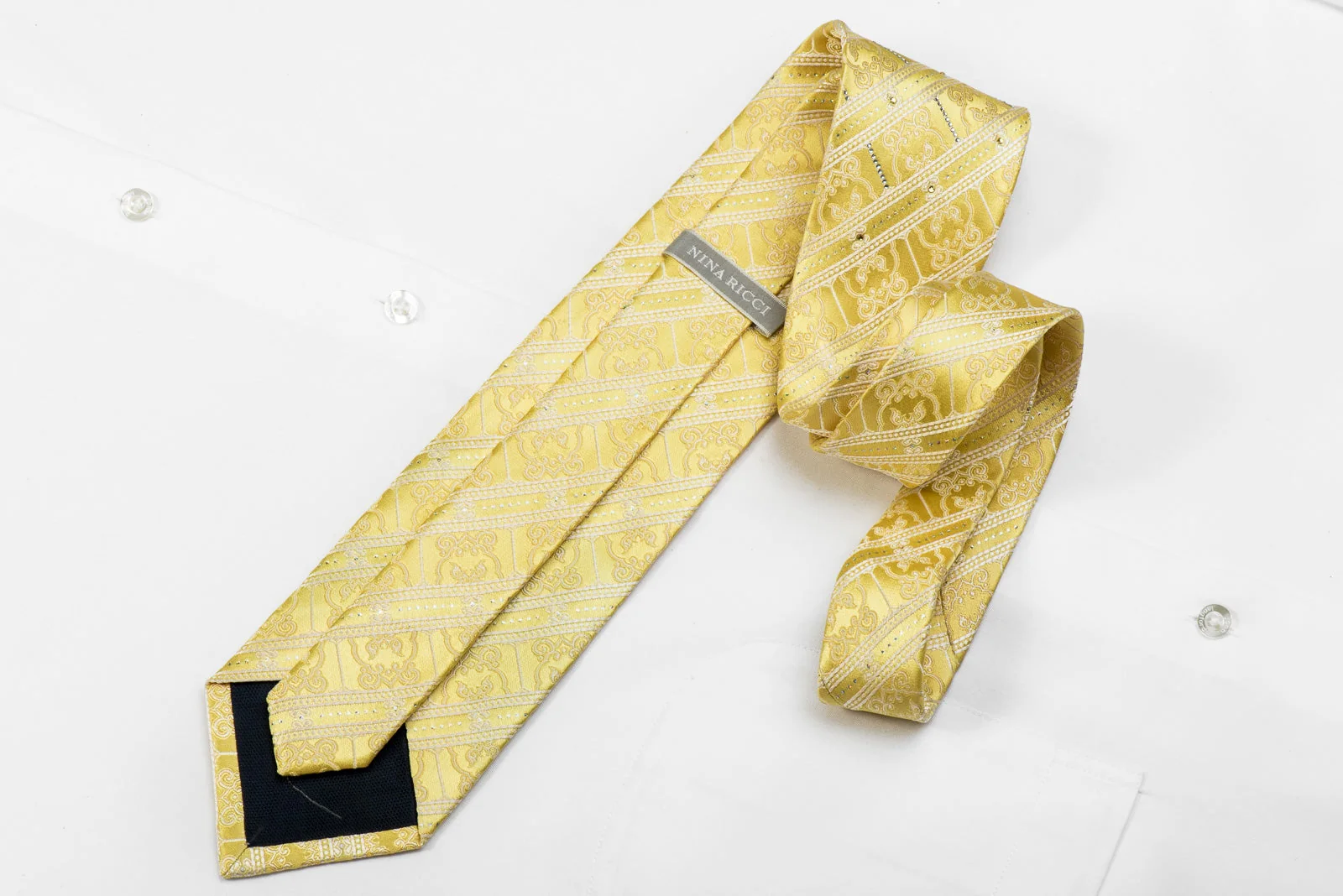 Nina Ricci Men's Crystal Silk Necktie White Stripes & Cartouche On Yellow With Silver Sparkles - Image 6
