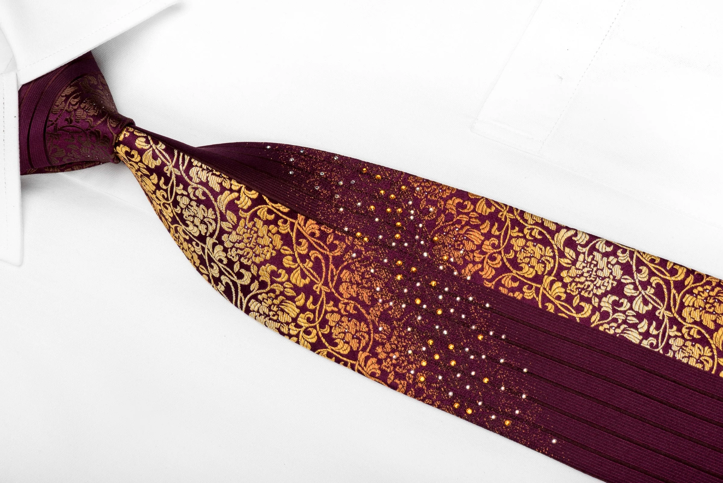 Nina Ricci Men's Crystal Silk Tie Orange Floral On Burgundy With Silver Sparkles - Image 2