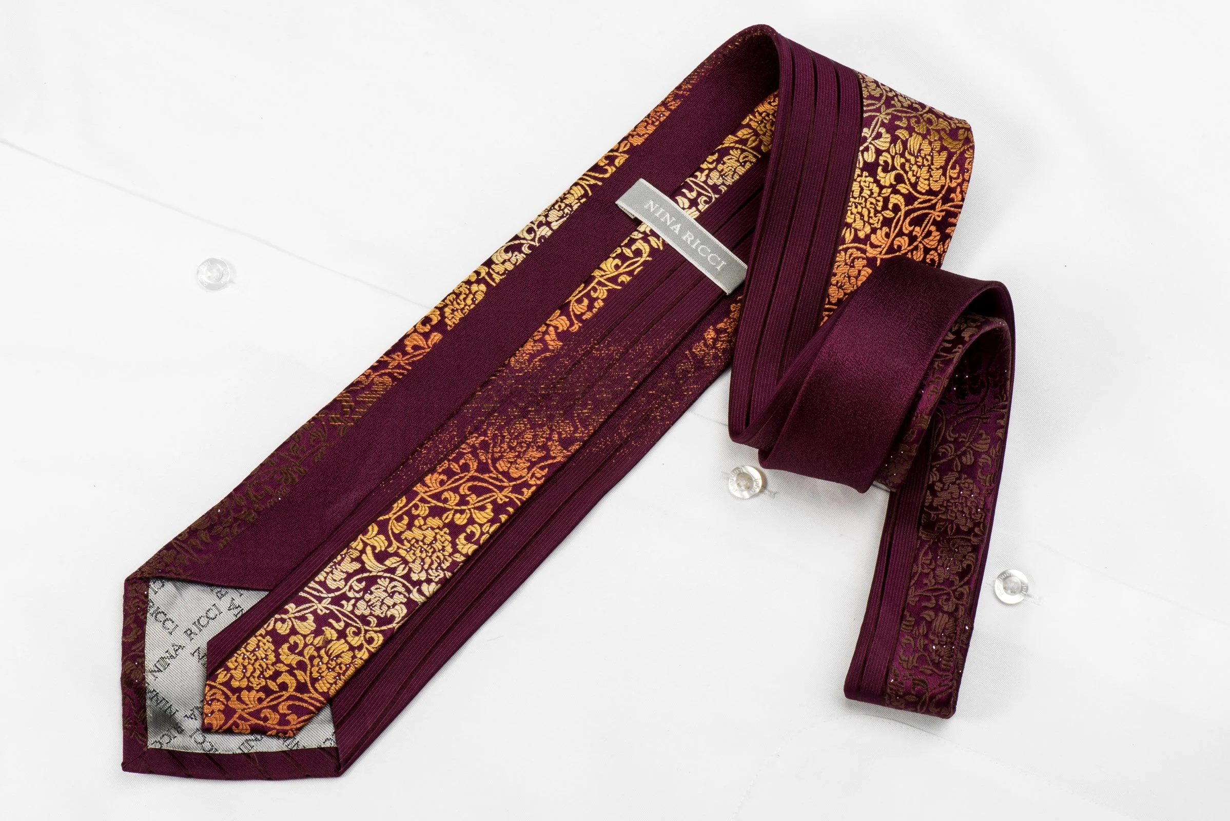 Nina Ricci Men's Crystal Silk Tie Orange Floral On Burgundy With Silver Sparkles - Image 5