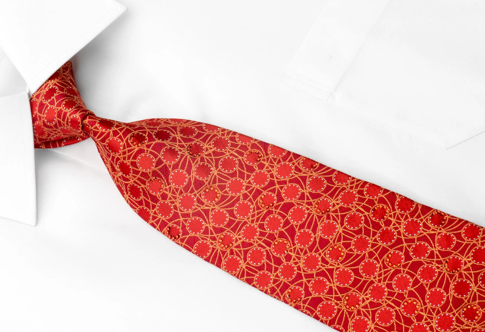 Rhinestone Silk Necktie Orange Trellis On Red With Silver Sparkles - Image 2