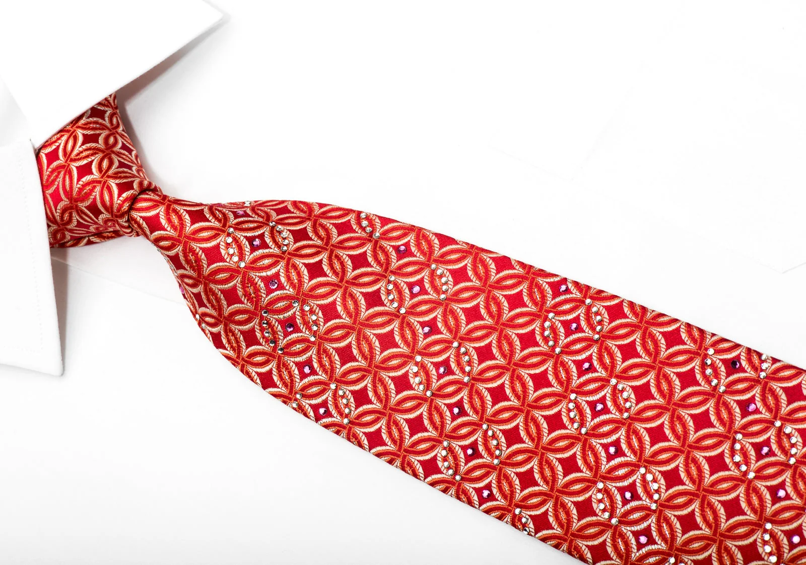 Nina Ricci Men's Silk Diamate Necktie Interlocking Circles On Red With Crystal Rhinestones - Image 2