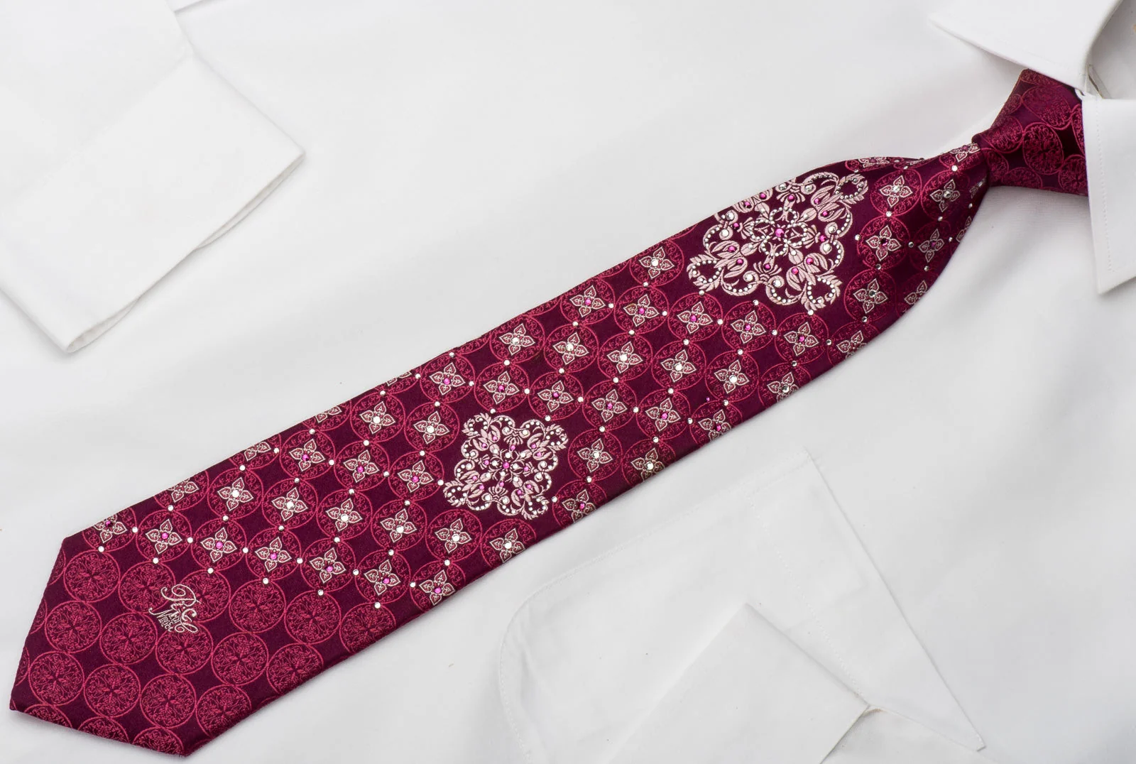 Nina Ricci Men's Silk Necktie Cartouche On Burgundy Sparkling With Rhinestones - Image 4